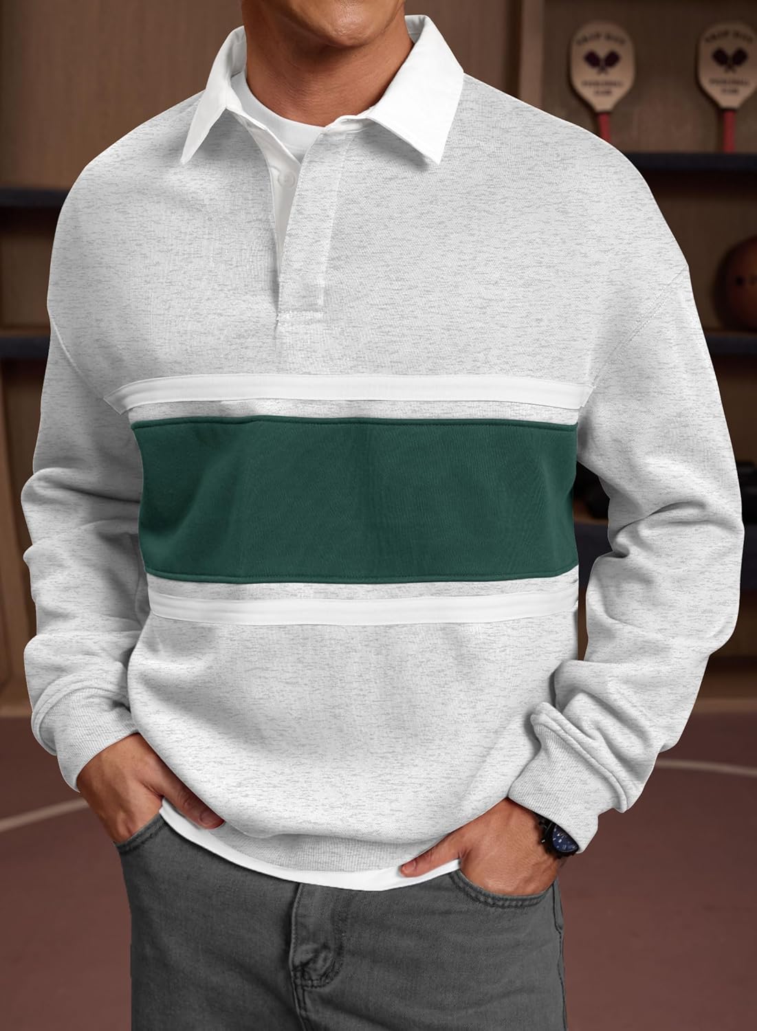 Men Fleece-Lined Rugby Shirts Heavyweight Color Block Long Sleeve Sweatshirt(S-2XL) - Image 2