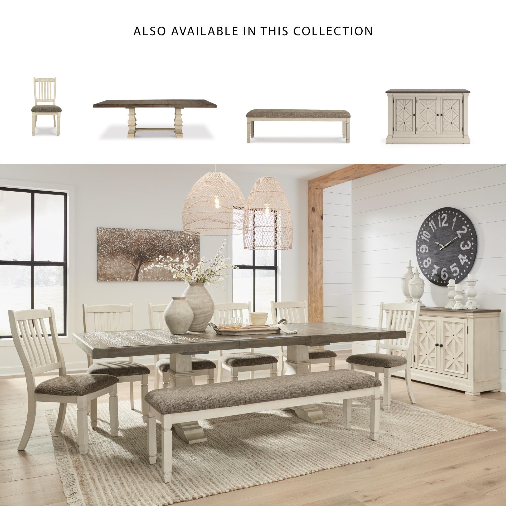 Signature Design by Ashley Bolanburg 65" Farmhouse Upholstered Dining Bench | Plush foam cushion for cozy seating, Antiqued white wood, veneer and engineered wood base, Space-saving backless profile