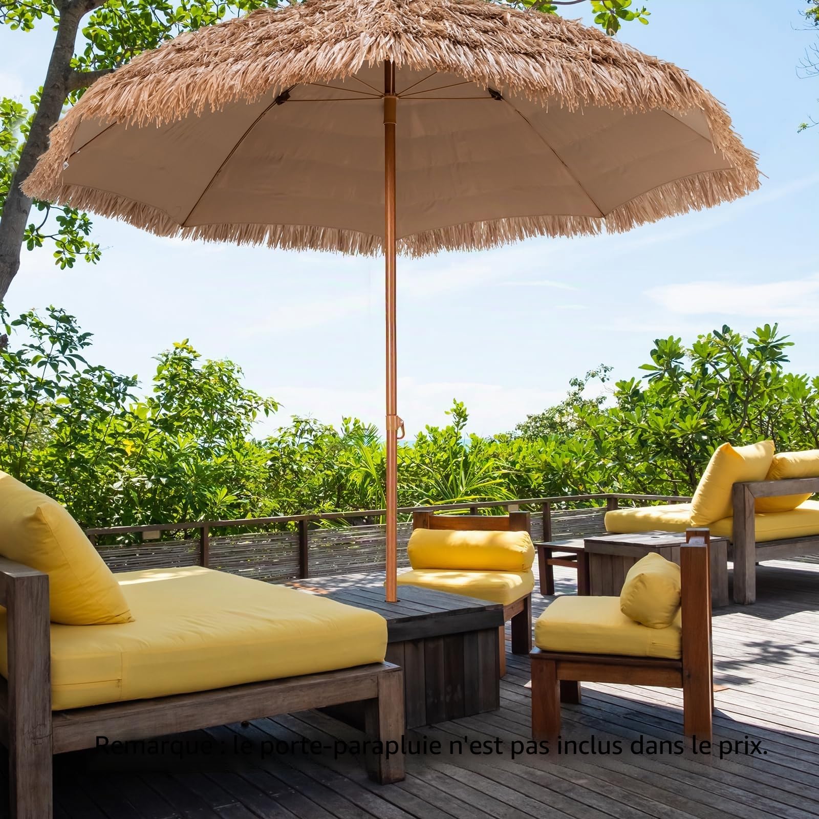 KOMFOTTEU φ205 cm Parasol de Style de Hawaïen, 2.2m de Haut, avec Protection solaire, Parasols de Plage en Paille simulée de Riz pliable, Parasol Exotique, pour Jardin, Balcon, Plage, Terrasse, jaune