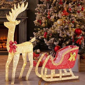 Hexago Lighted Reindeer and Sleigh Outdoor Christmas Decoration, 180 Warm LED Lights, Weather-Resistant Fabric & Metal Frame, Holiday Yard Decor for Garden, Porch, Lawn and Indoor Display