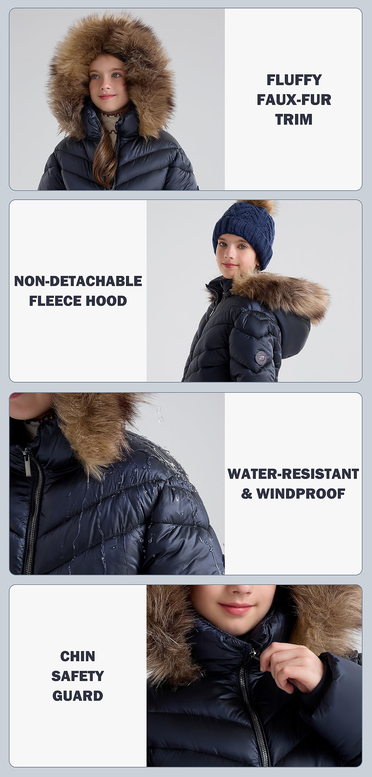 SOLOCOTE Abrigo de invierno acolchado para niñas con capucha de piel sintética, forrado de sherpa, parka resistente al agua y de gran peso