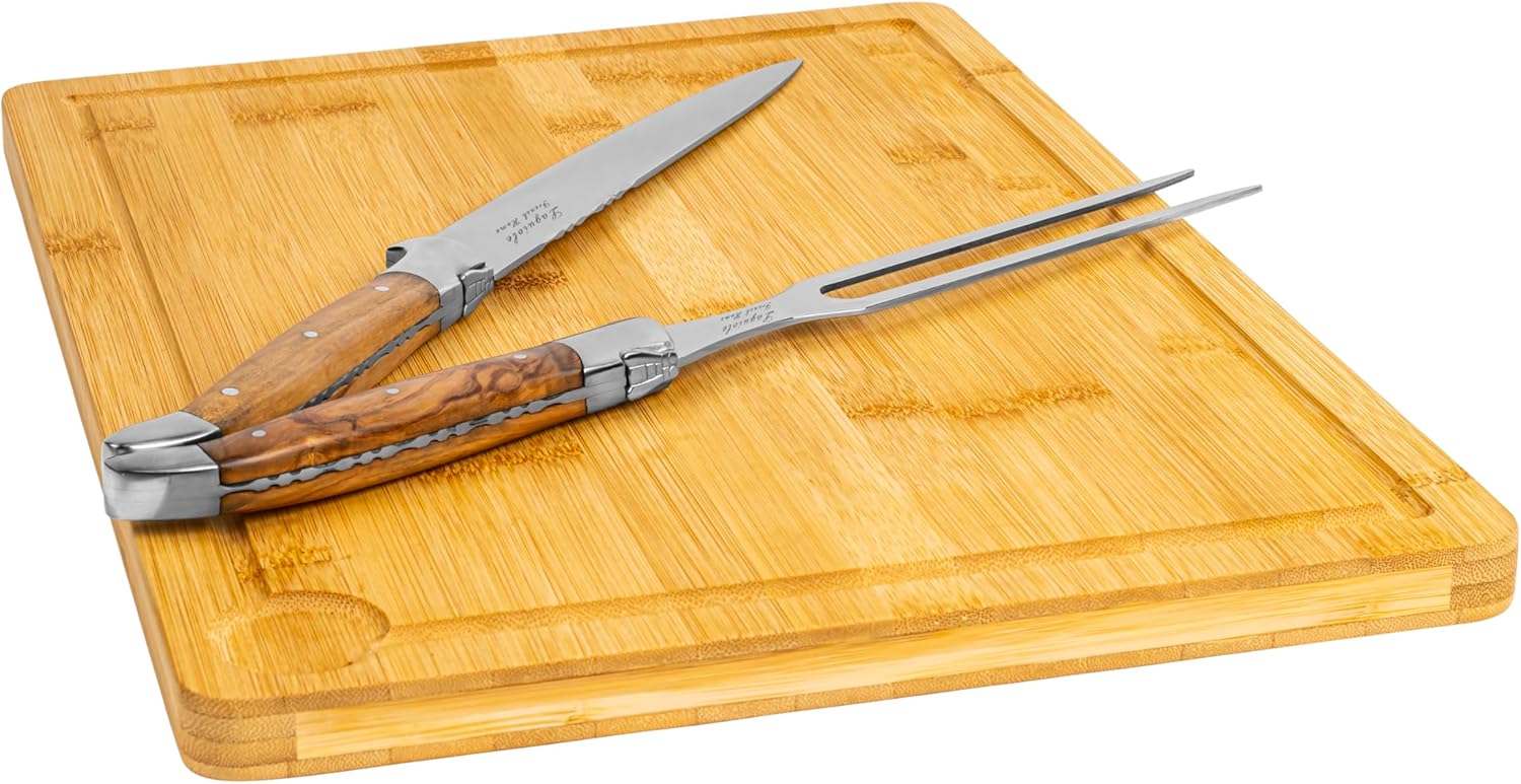 French Home Laguiole Carving Knife, Fork, and Wood Cutting Board - Stainless Steel Knife & Carving Fork Cutlery Set with Olive Wood Handles, Etched Detailing & Iconic Bee Emblem