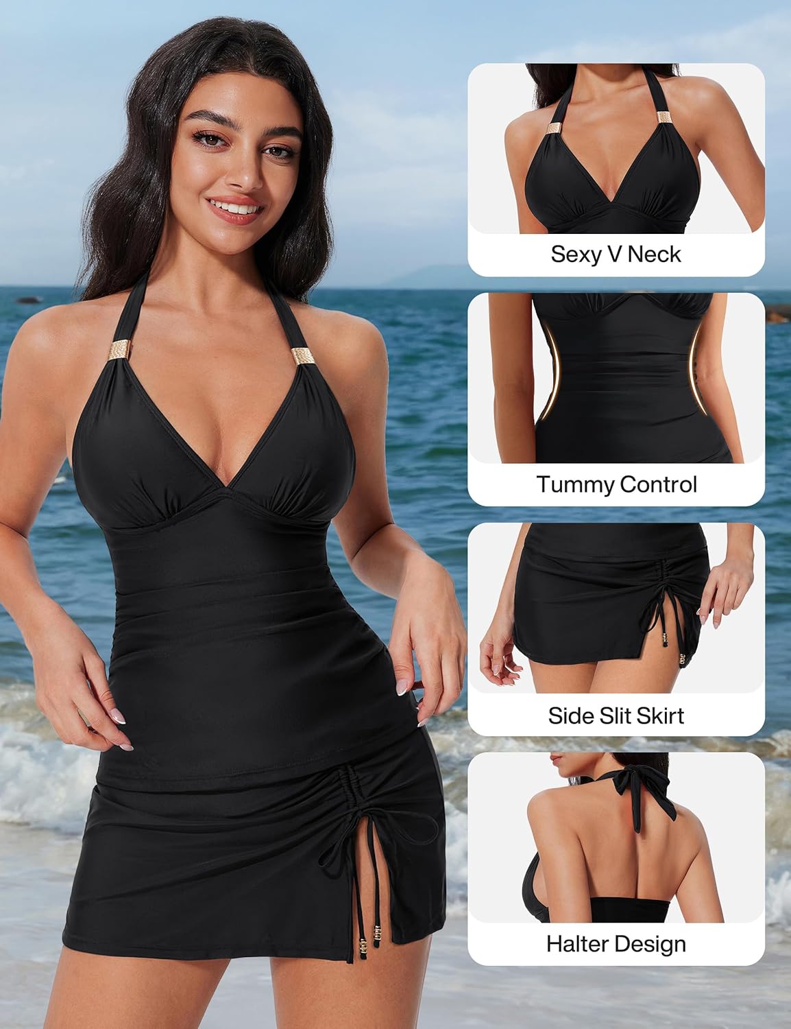 SUUKSESS Women Tummy Control Tankini Swimsuit Sexy Halter Bathing Suit 2 Piece - Image 3