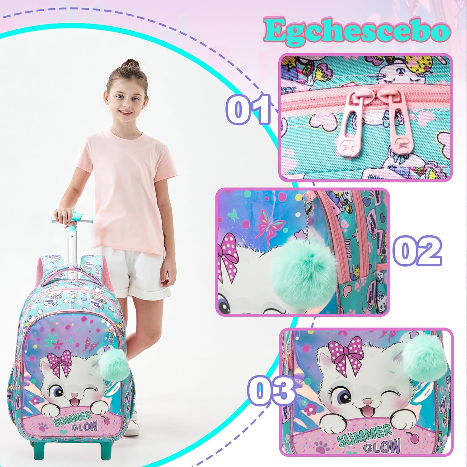 Kids Rolling Backpack for Girls Trolley Suitcases Luggage Travel with Wheels Bookbag Wheeled 17" 3PCS Roller Backpacks Toddler Back Pack School Bags Set for Elementary Cats Phantom Color