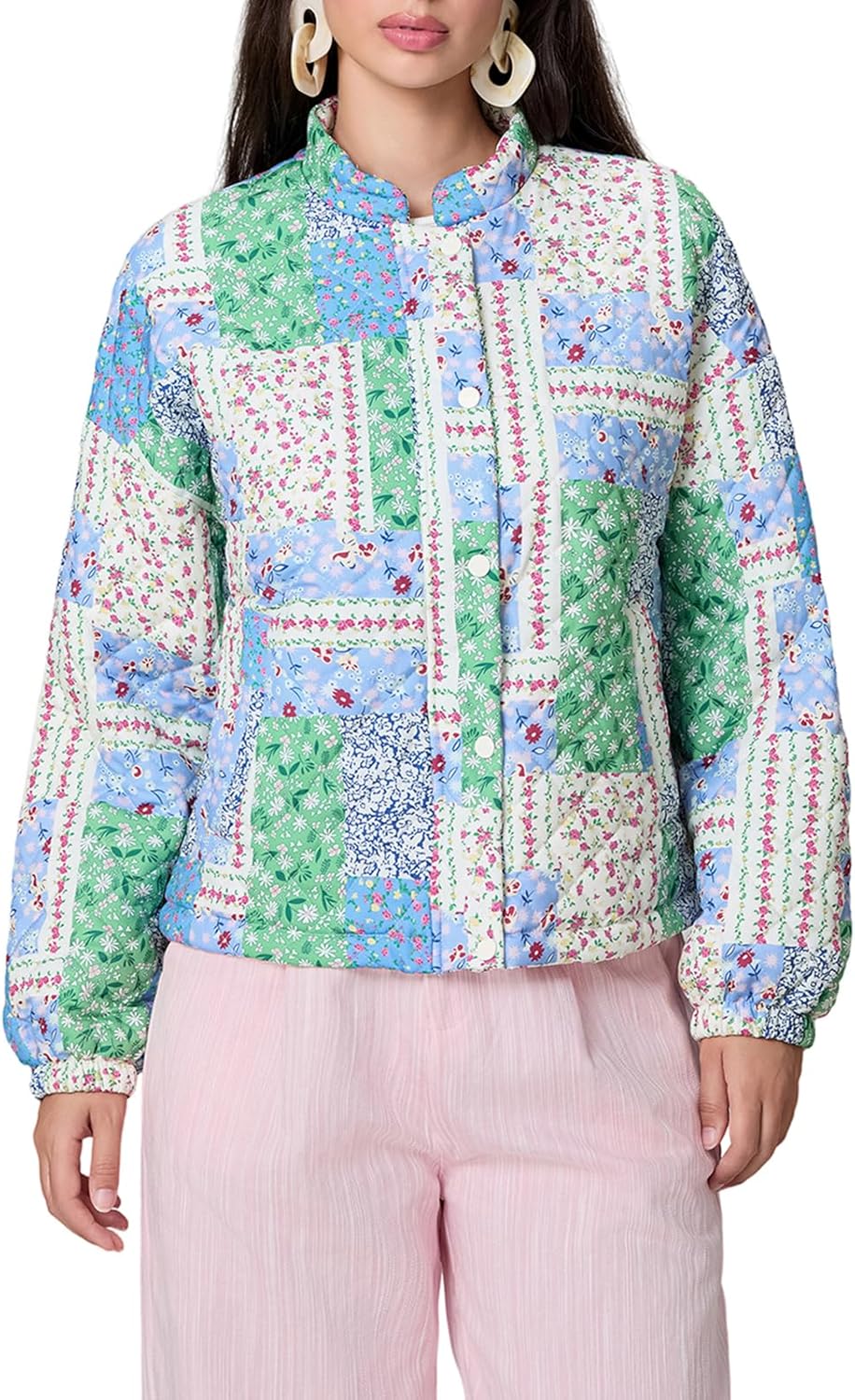 Women Floral Print Quilted Jackets Warm Long Sleeve Button Down Open Front Padded Jackets Lightweight Puffer Coat