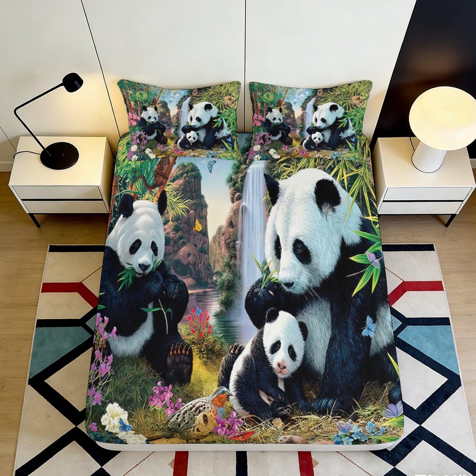 3D Printed Panda Family Fitted Sheet Microfiber Soft Breathable Waterfall Bed Cover for Bedroom Dormitory Guest Room Mattress Protection Decor 180x200x25cm