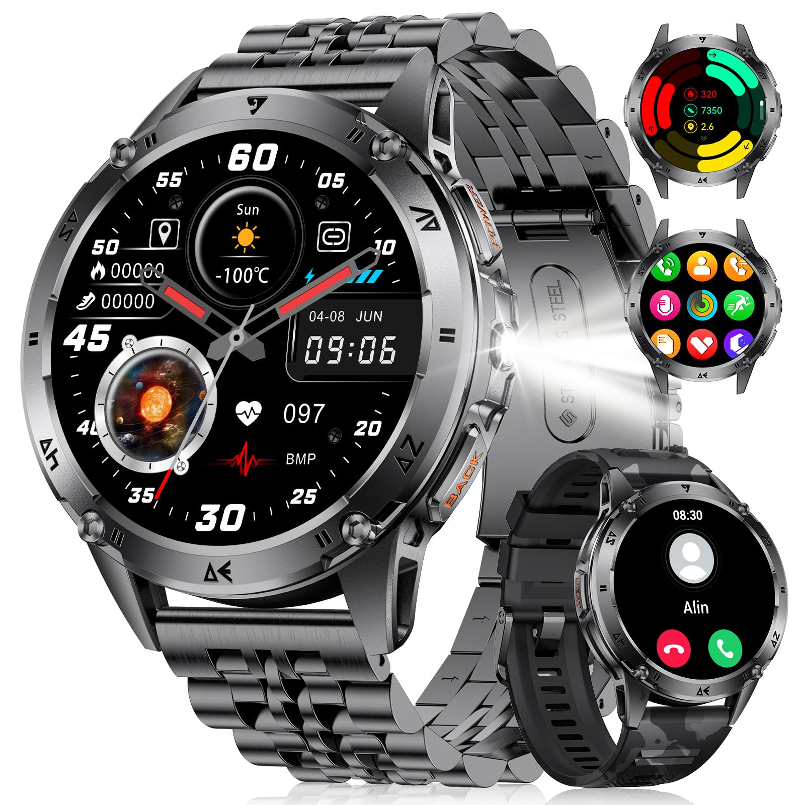 Smartwatch Uomo, Chiamate Bluetooth, 1,43" AMOLED Display Orologio Fitness e Torcia a LED, 110+ Modalità Sportive, Monitoraggio della Frequenza Cardiaca/Sonno, IP68, Android e iOS, Nero Acciaio
