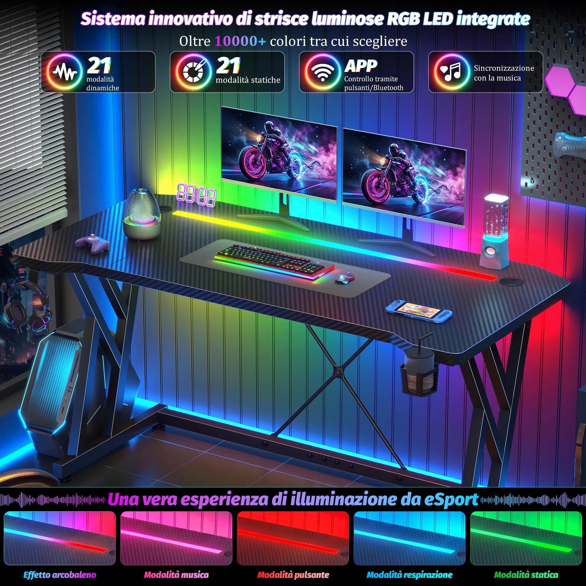 Scrivania Gaming LED 100x60cm, Tavolo Computer con Banda RGB, Tavolo Gaming Ergonomica, Gamer con Superficie in Fibra Carbonio, Scrivania per Computer con Porta Tazza e Gancio per Cuffie, Nero