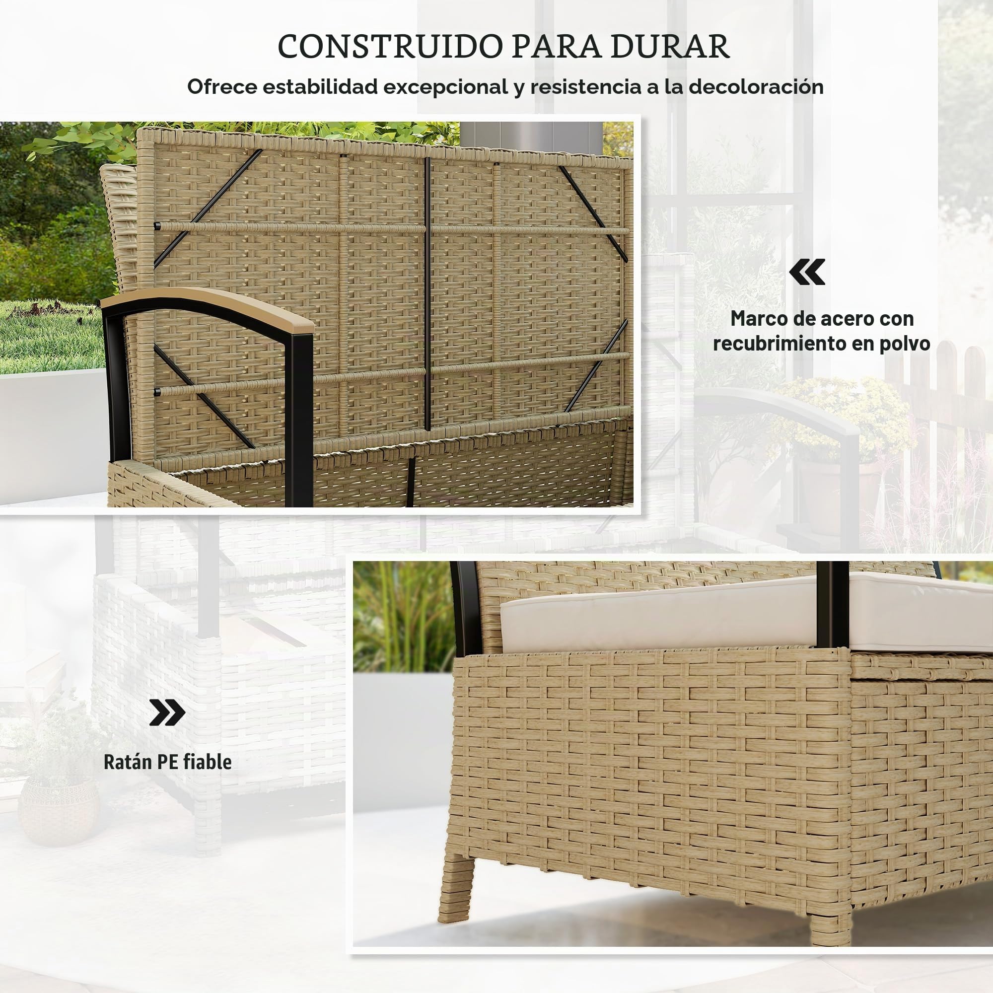 Outsunny Baúl para Exteriores, Banco con contenedor para jardín de 125 l, sofá de 2 plazas de ratán PE con cojín Acolchado, Estructura metálica para Patio, jardín y balcón, Caqui