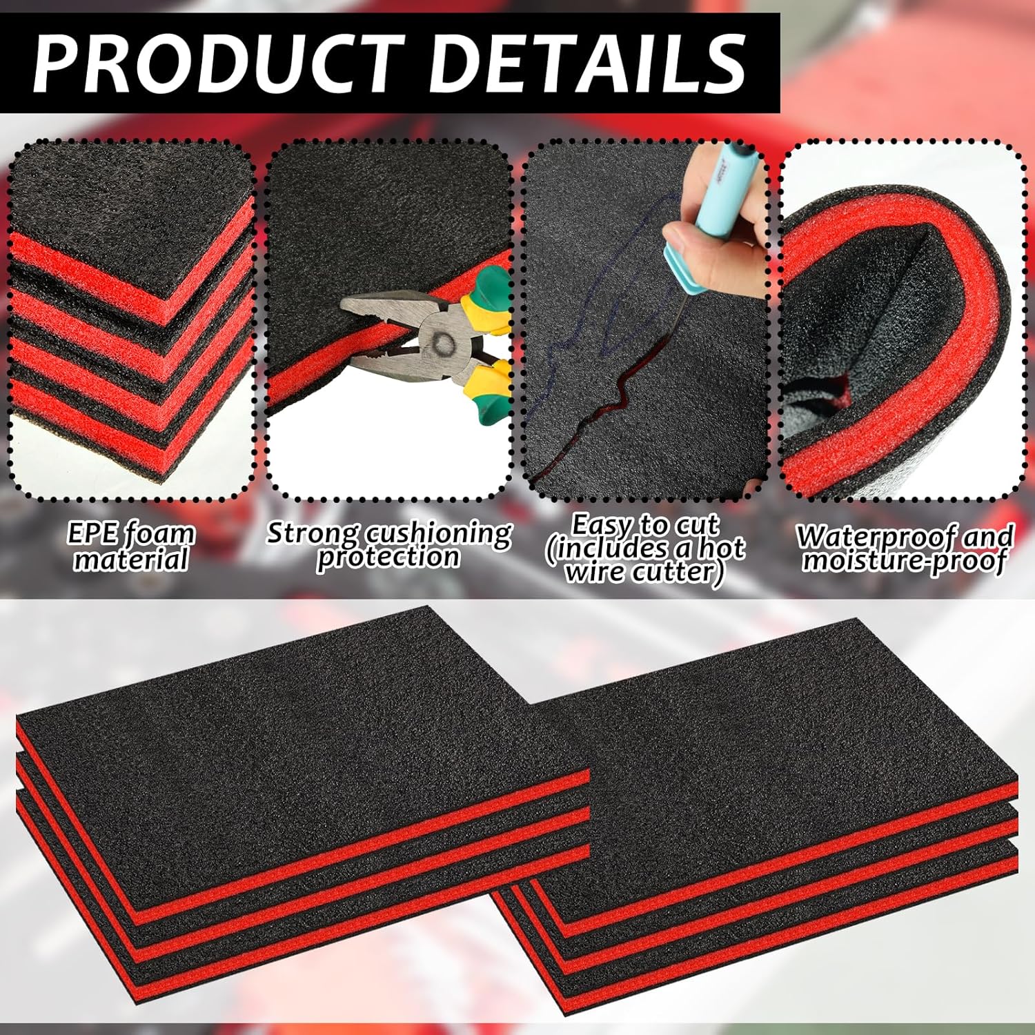 6 Pack Tool Box Foam Inserts for Cases with 1pcs Cutter Tool 18 x 12 x 1 Inch Tool Box Liner Polyethylene Foams Sheets Cuttable Red & Black Toolbox Kaizen Organizer and Storage Shadow