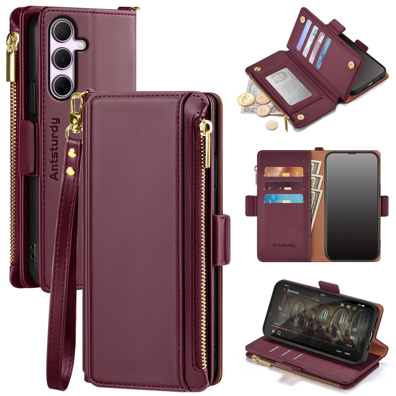 Antsturdy Compatible with Samsung Galaxy A35 5G Case Wallet with Card Holder Women Men Phone Case RFID Blocking PU Leather Flip Protective Cover Wrist Strap Zipper Credit Card Slots,Wine Red