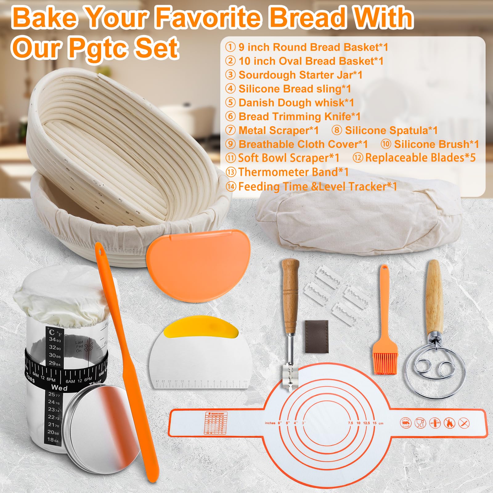 Kit Completo per la Pasta Madre,Cestino per Pane Lievitato In 2 Pz. con Fodera,Imbragatura Per Pane In Silicone,Barattolo di Agente Lievitante Spazzola In Silicone,Set Di Raschietti Per Pasta(A)