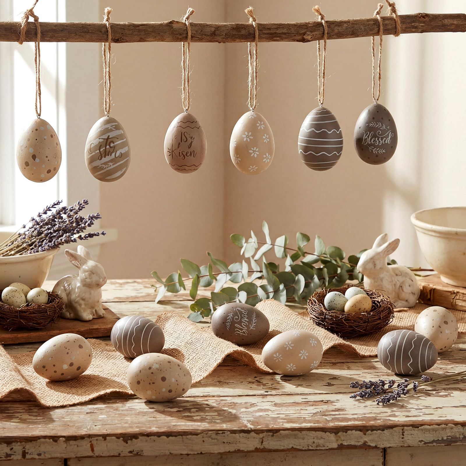 Photo 1 of Canlierr 36 Pcs Easter Egg Ornaments for Tree 2.4" Plastic Neutral Hanging Decoration Rustic Beige Brown Stripe Eggs Mini Retro Pendant Decor for Spring Basket Holiday Plate Vase Filling Supplies