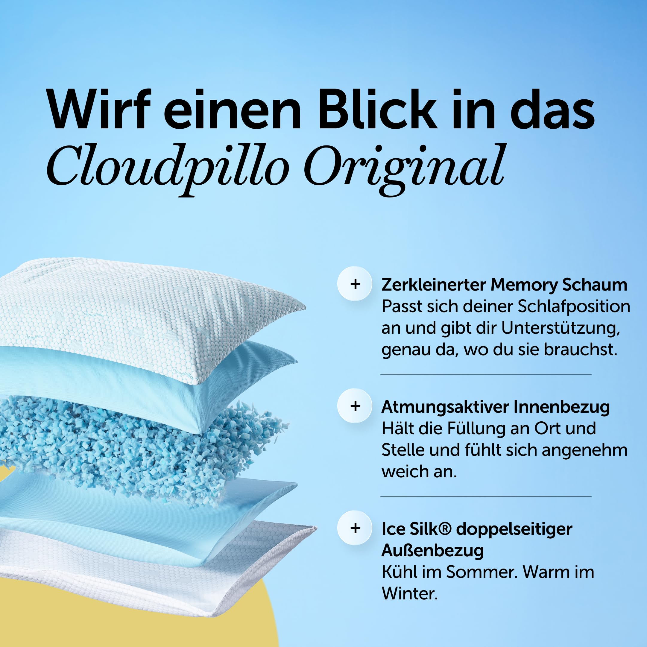 Cloudpillo Kopfkissen 40x80 cm – Ergonomisches Memory-Foam-Kissen für Seitenschläfer, höhenverstellbar, atmungsaktiv, hypoallergen