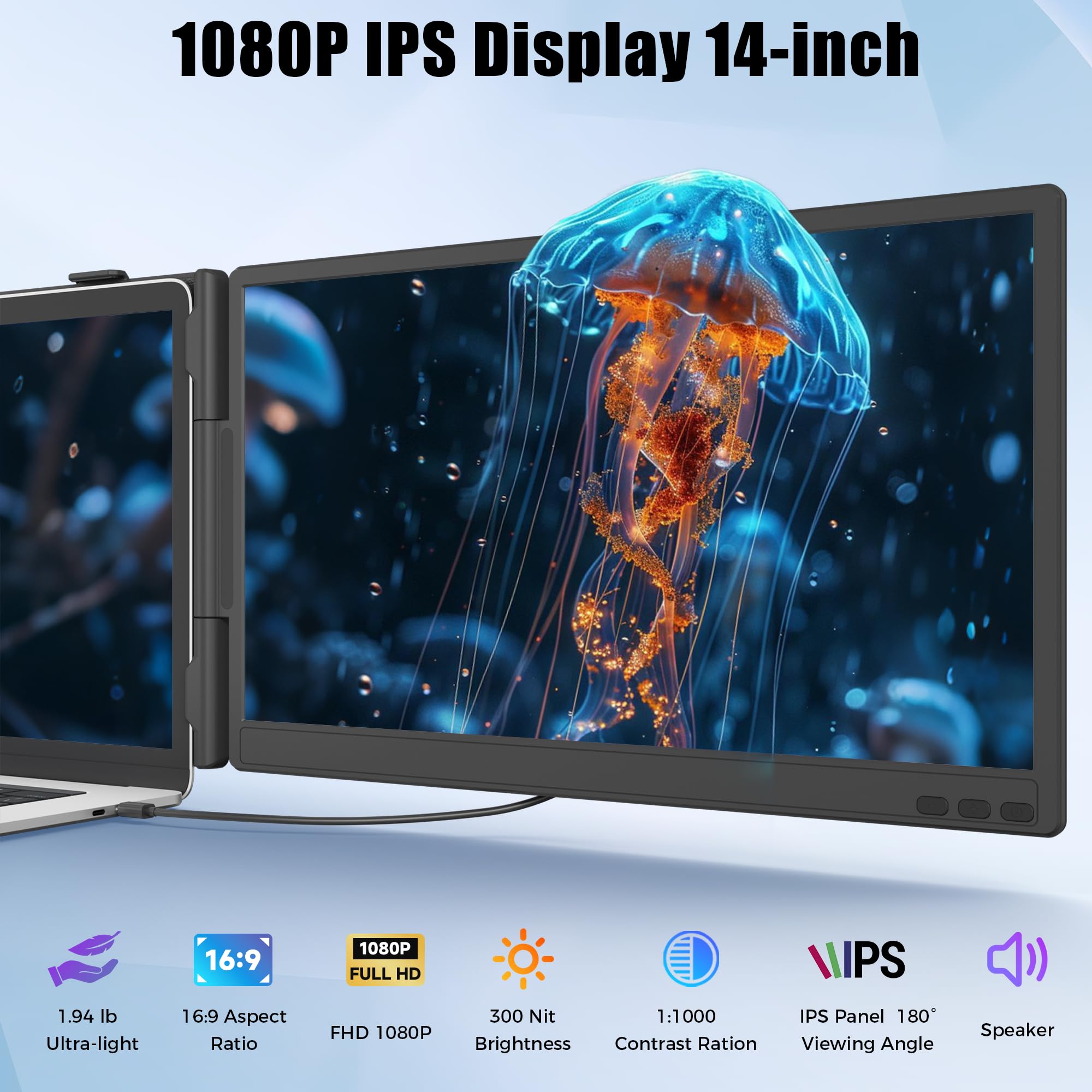 14” Monitor Portatile, Schermo Portatile 1920x1080 FHD, Doppio Schermo Pc Portatile Per Laptops 13-17.3", Supporto USB-C/HDMI, Plug & Play per Windows/Mac/Android/Switch/PS5