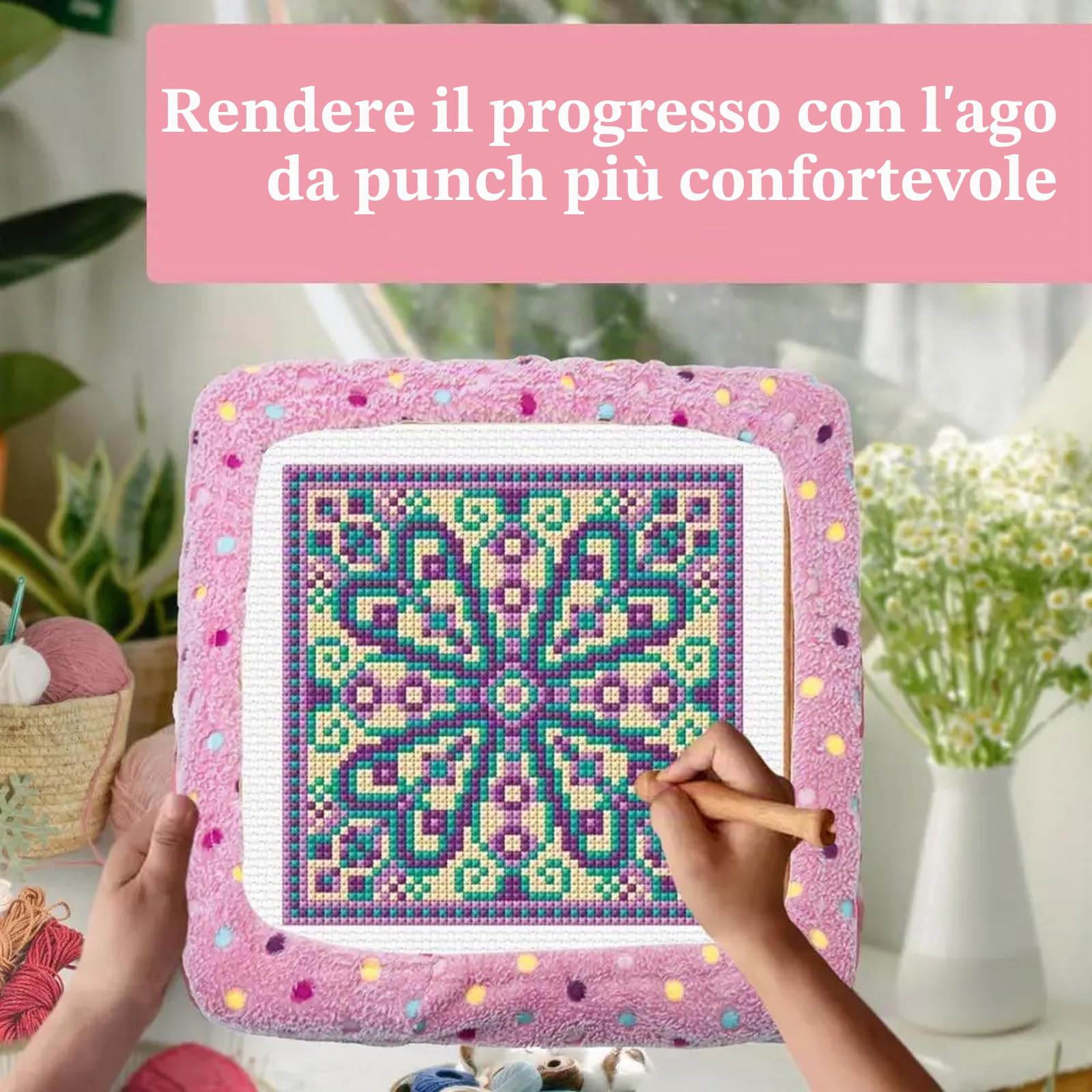 Gripper Strip Frame con coperchio e 4 angoli in schiuma anti-collisione,copertura in flanella per telai tufting,cerchio embroidery with needles,Punch Needle Rug Hooking Frame,25 x 25 cm