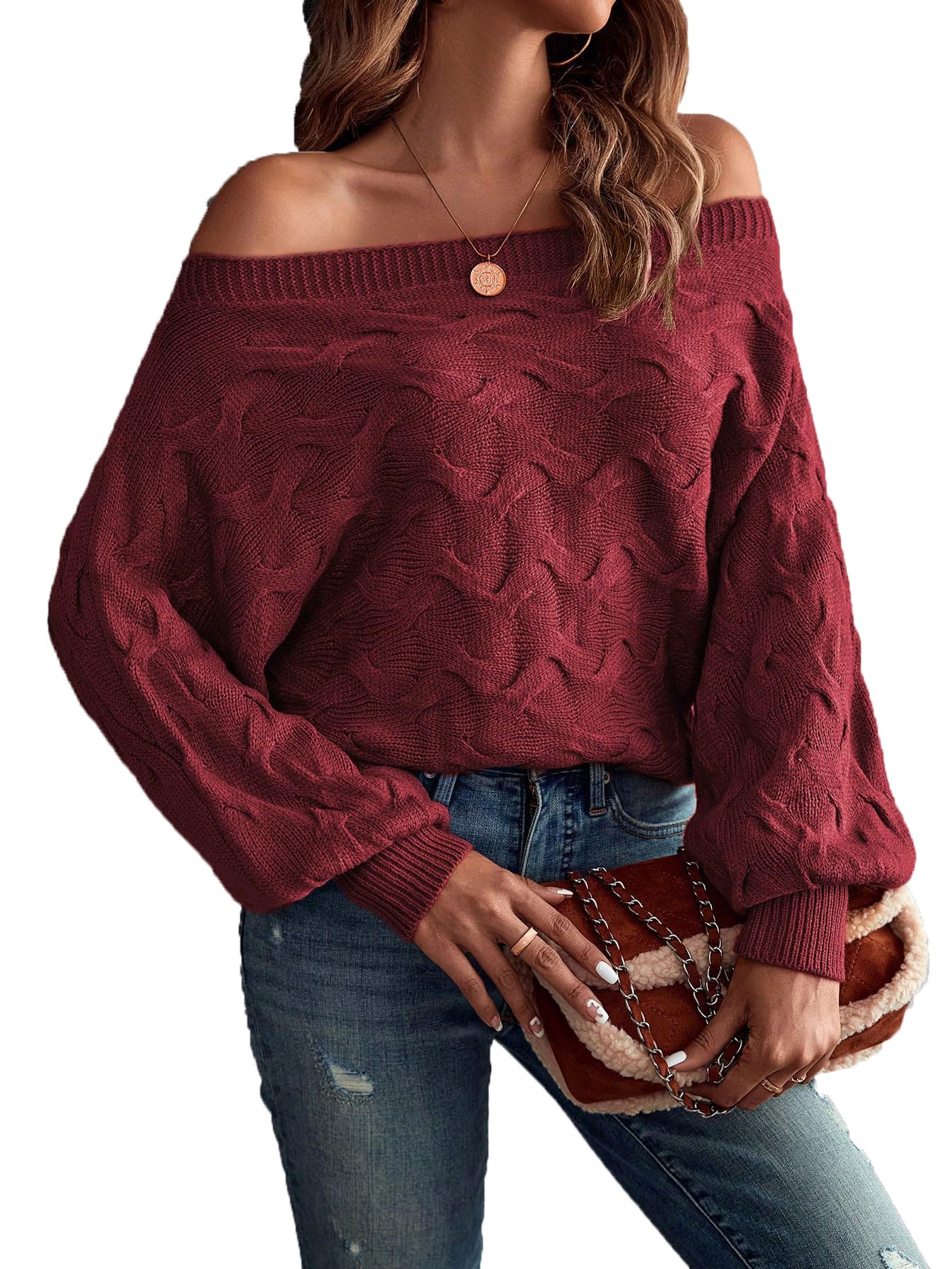 Verdusa Womens Off The Shoulder Knit Sweater Tops Long Sleeve Pullover Holiday Sweaters Winter Outfit