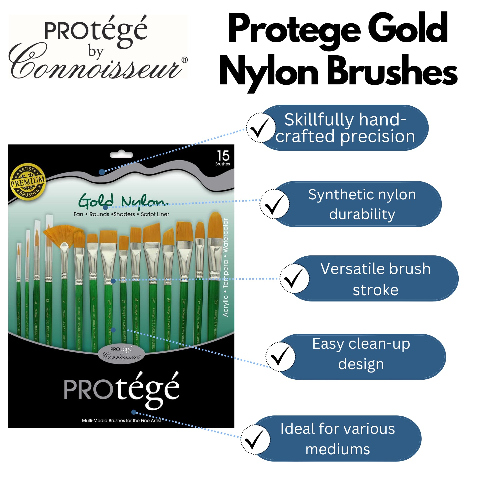 Connoisseur Goldfarbenes Nylon-Pinsel-Set mit kurzem Griff, 15-teilig