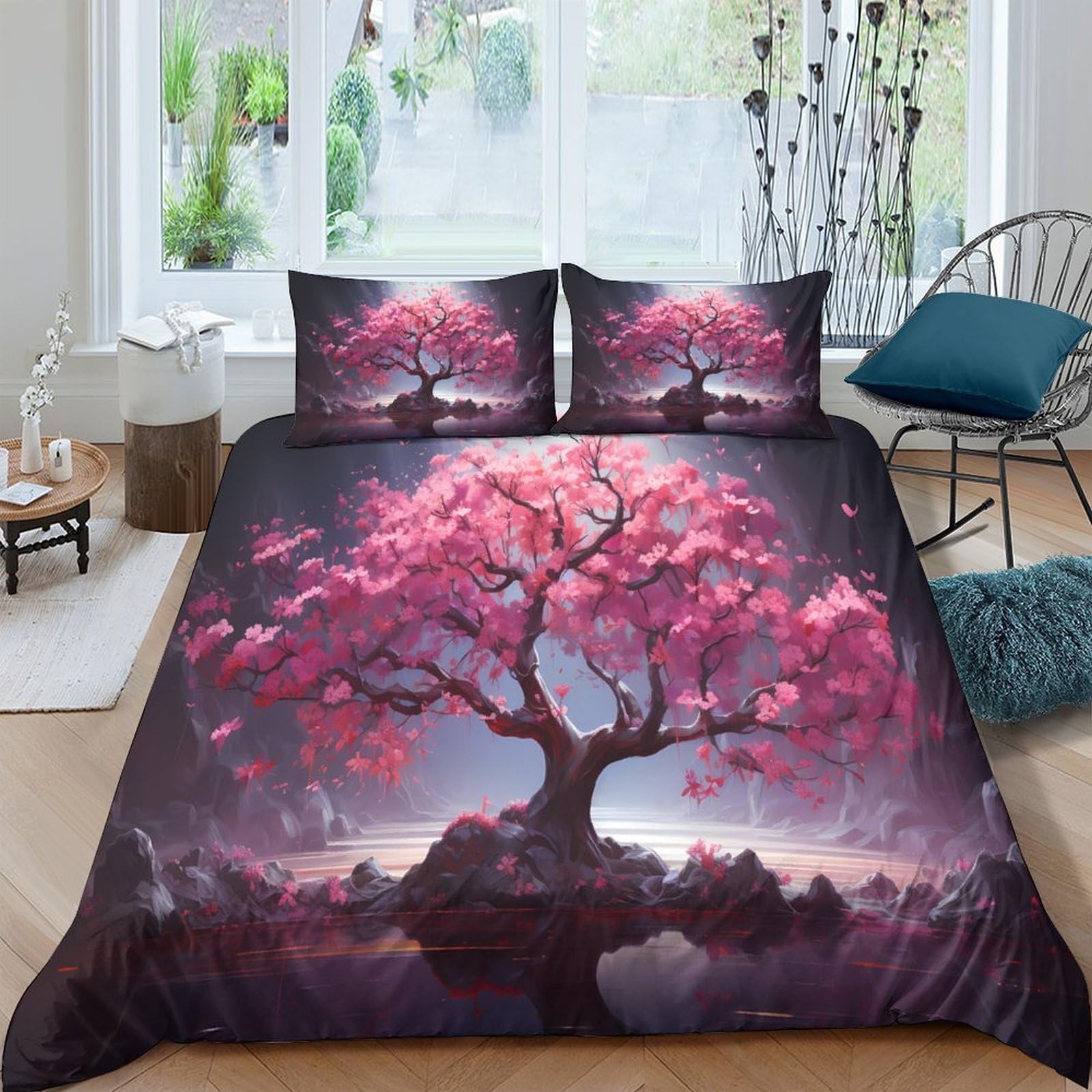 Ctjqhvkz Style-9 3D Printed Cherry Blossom Tree Fitted Sheet Microfiber Soft Pink Nature Bed Cover For Bedroom Guestroom Decor Single（135X200cm）