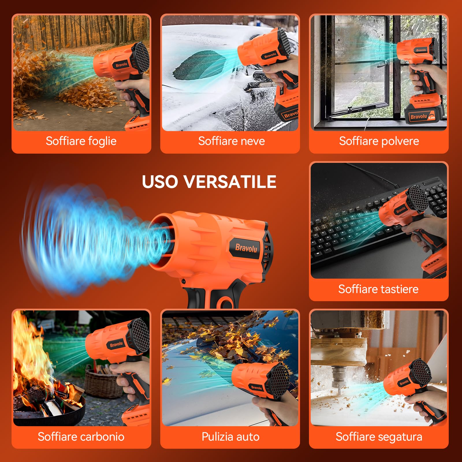 Soffiatore a Batteria, Mini Soffiatore Foglie Elettrico, con Batteria da 5200 mAh e Caricabatteria, Velocità Aria Max 200 km/h, Regolazione Variabile Della Velocità