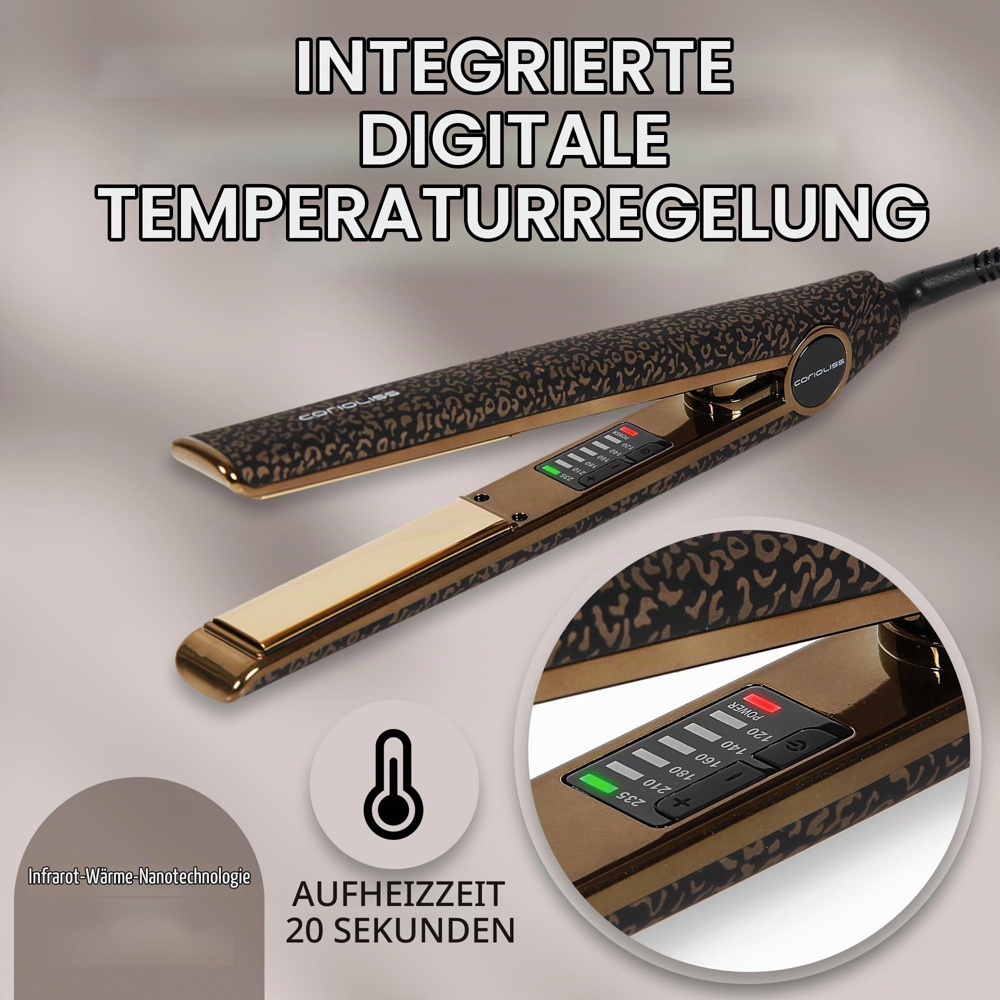 Corioliss C1 | Glätteisen | Haarglätter für Frauen | Titanplatten und Curling für feines Haar | Professionelles Eisen mit Temperaturregelung (Leopard Gold Soft Touch)