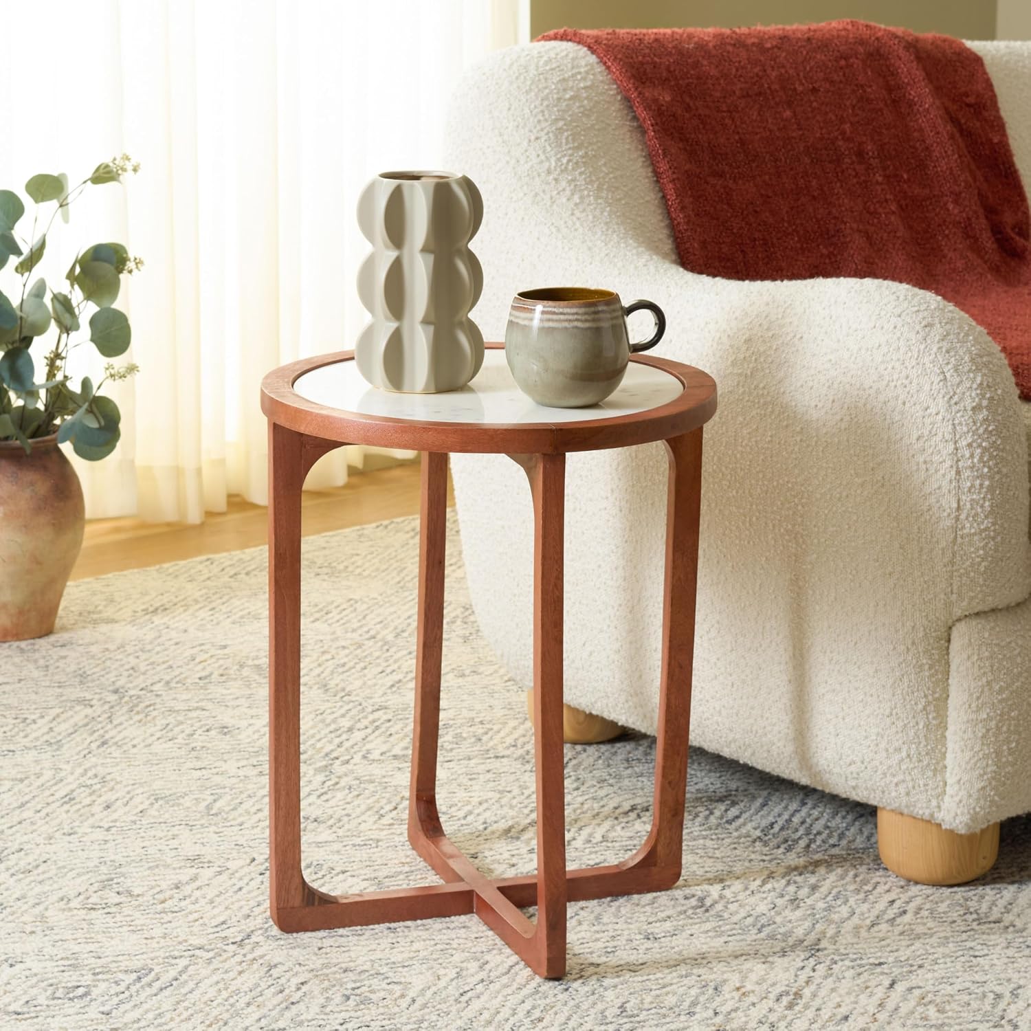 SAFAVIEH Home Collection – Minori Walnut Solid Wood & White Marble Round Top Side Table (ACC5515A)