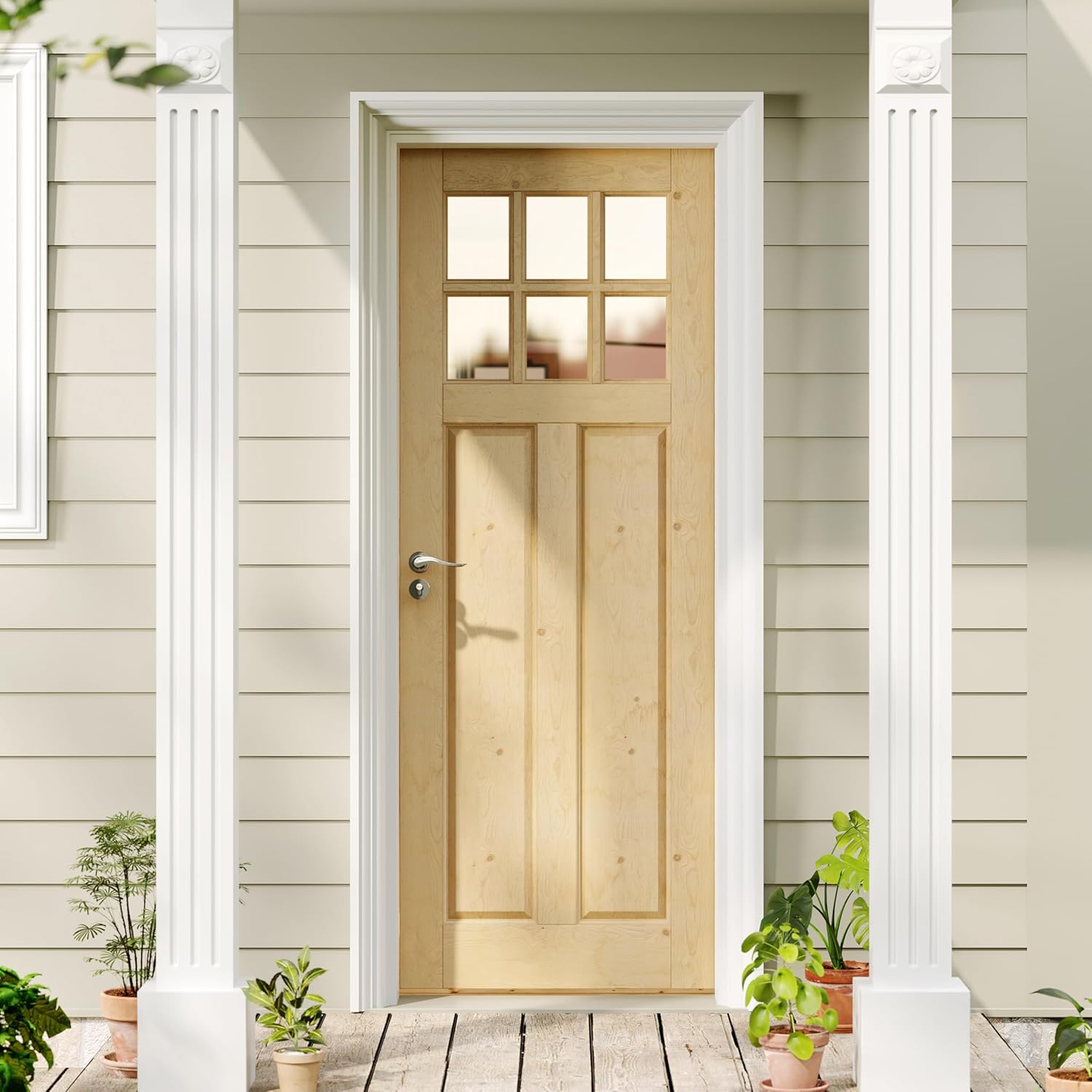 Entry Door, 30" x 80", 6-Panel Clear Glass Front Door, Solid Wood & MDF Exterior Doors, Waterproof Primed, Easy DIY Install-Pine