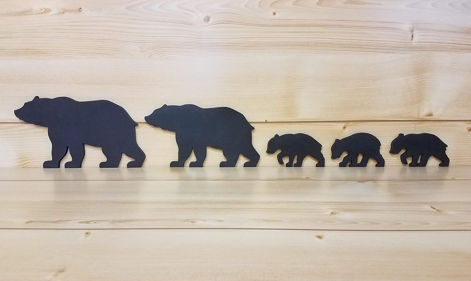 Wooden Black Bear Family Set of 5 | Papa, Mama & 3 Cubs | Rustic Cabin Wall Décor | Woodland Lodge Bear Silhouette Set