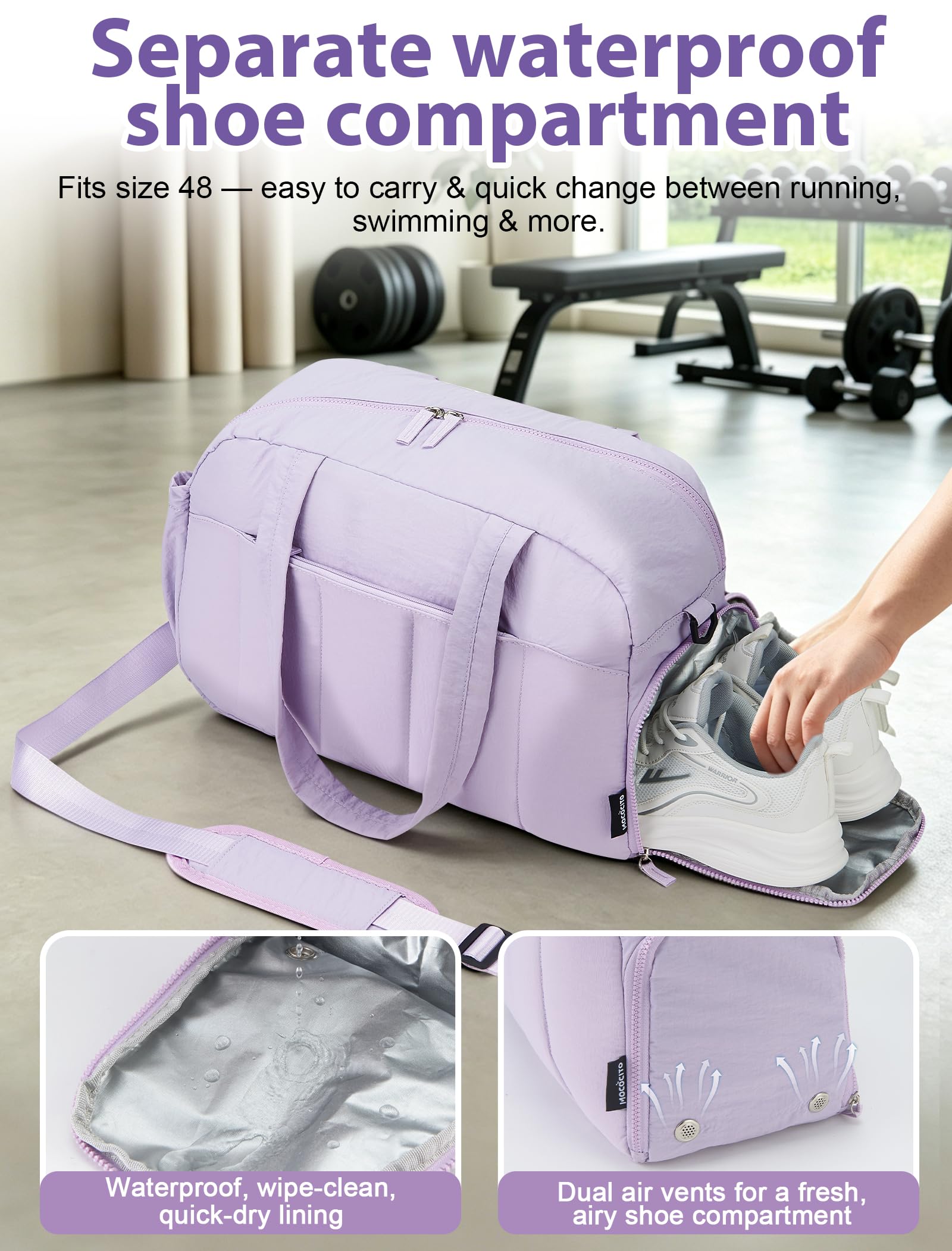 Borsone Palestra per Donna Uomo 25L 42×30×20 cm, Borsa da Viaggio Pieghevole con Scomparto Scarpe Idrorepellente, Tasca Bagnato/Asciutto, Duffle Bag Ideale per Piscina, Parto e Ospedale Viola