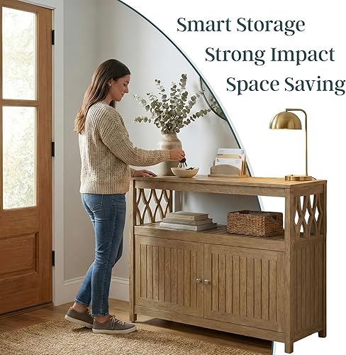 Miniatura 11 de DTY Outdoor Living Longs Peak - Aparador de madera de eucalipto, gabinete de buffet al aire libre con almacenamiento, acabado Biscotti resistente a