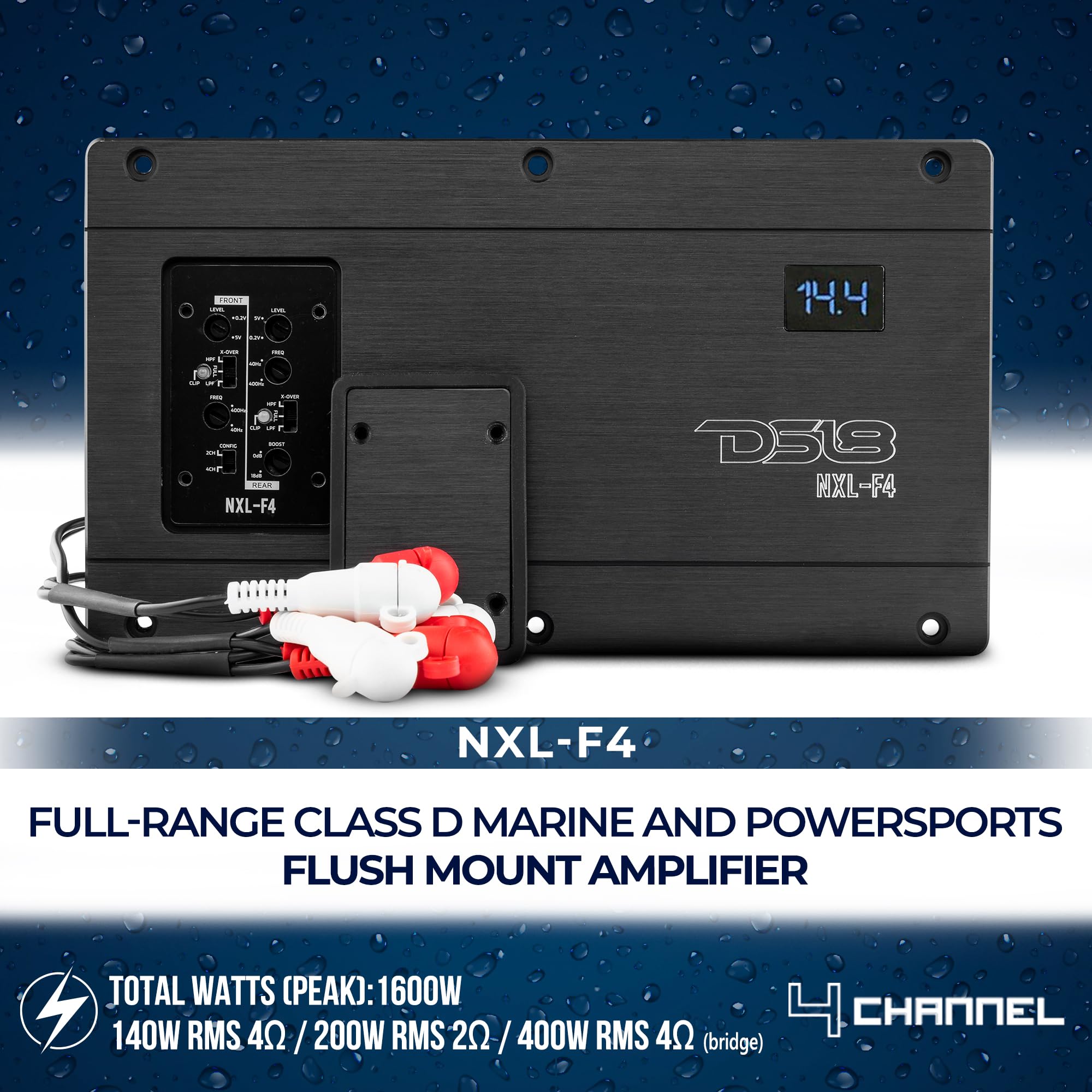 DS18 Hydro NXL-F4 Marine Amplifier Flush Mount – 4 Channels, 1200Watts Max, IPX67 Waterproof, Compact Digital Full Range Amp for All Applications