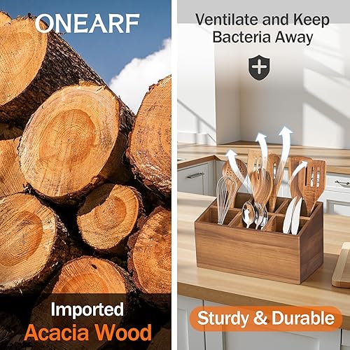 Miniatura 3 de Soporte para utensilios de madera, organizador de utensilios de cocina, grande con 6 compartimentos, soporte para utensilios de cocina, contenedor