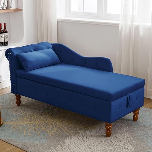 Miniatura 5 de Chaise Lounge para interiores, sillón de terciopelo con almacenamiento y almohada, moderno sofá tumbona tapizado con brazo enrollado con ribete de