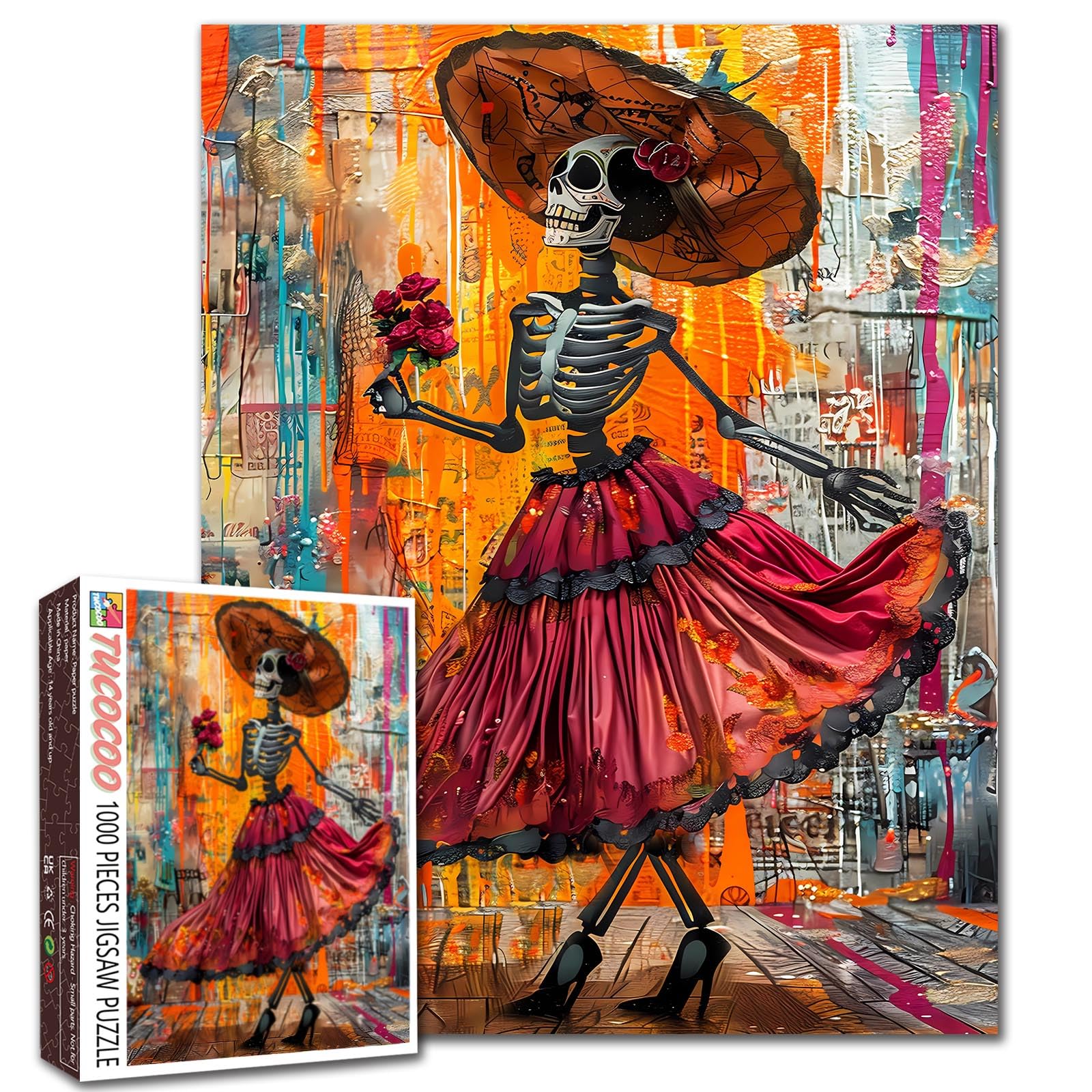 Tucocoo Mexican Romantic Jigsaw Puzzle 1000 Pieces Puzzles for Adults, Day of The Dead Skeleton Art Puzzles for Challenging Family Activity Games Colorful DIY Craft Puzzle for Home Wall Decor Gifts