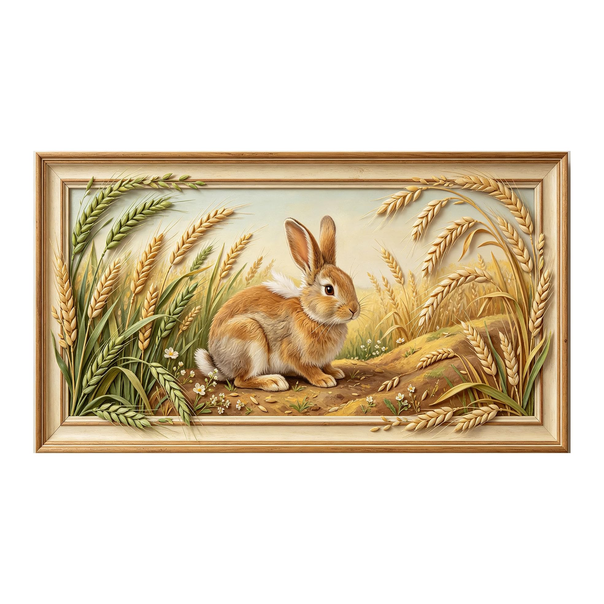 Yzpallescene 3D 3D Framed Wall Art 50cm×90cm Bunny Wheat Field Pastoral Oil Painting Large Size SelfAdhesive Removable Wall Decor Prints Artwork for Living Room Bedroom Office