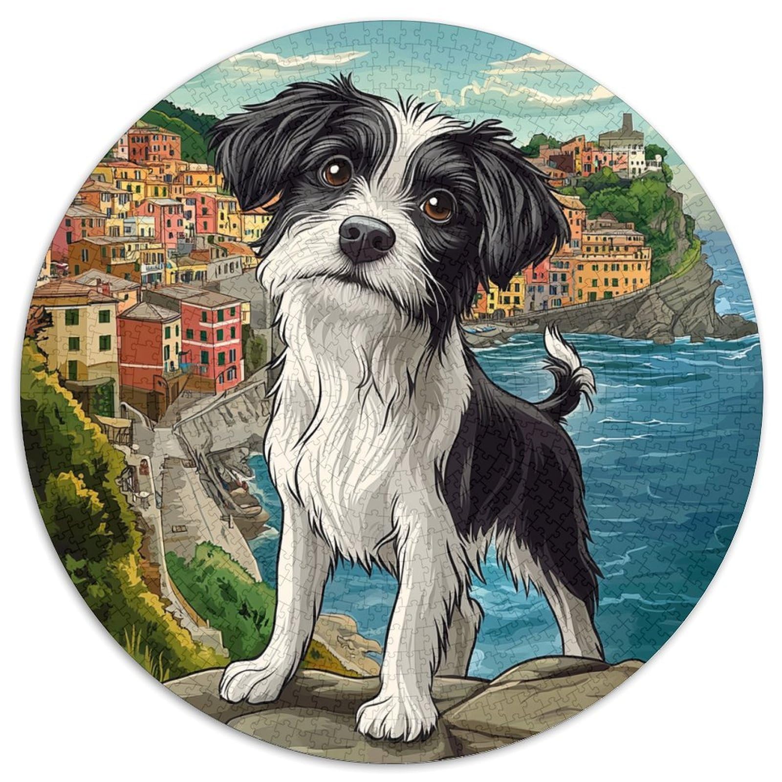 Puzzle redondo de 1000 piezas relajante con paisaje de perro pastor y costa 7