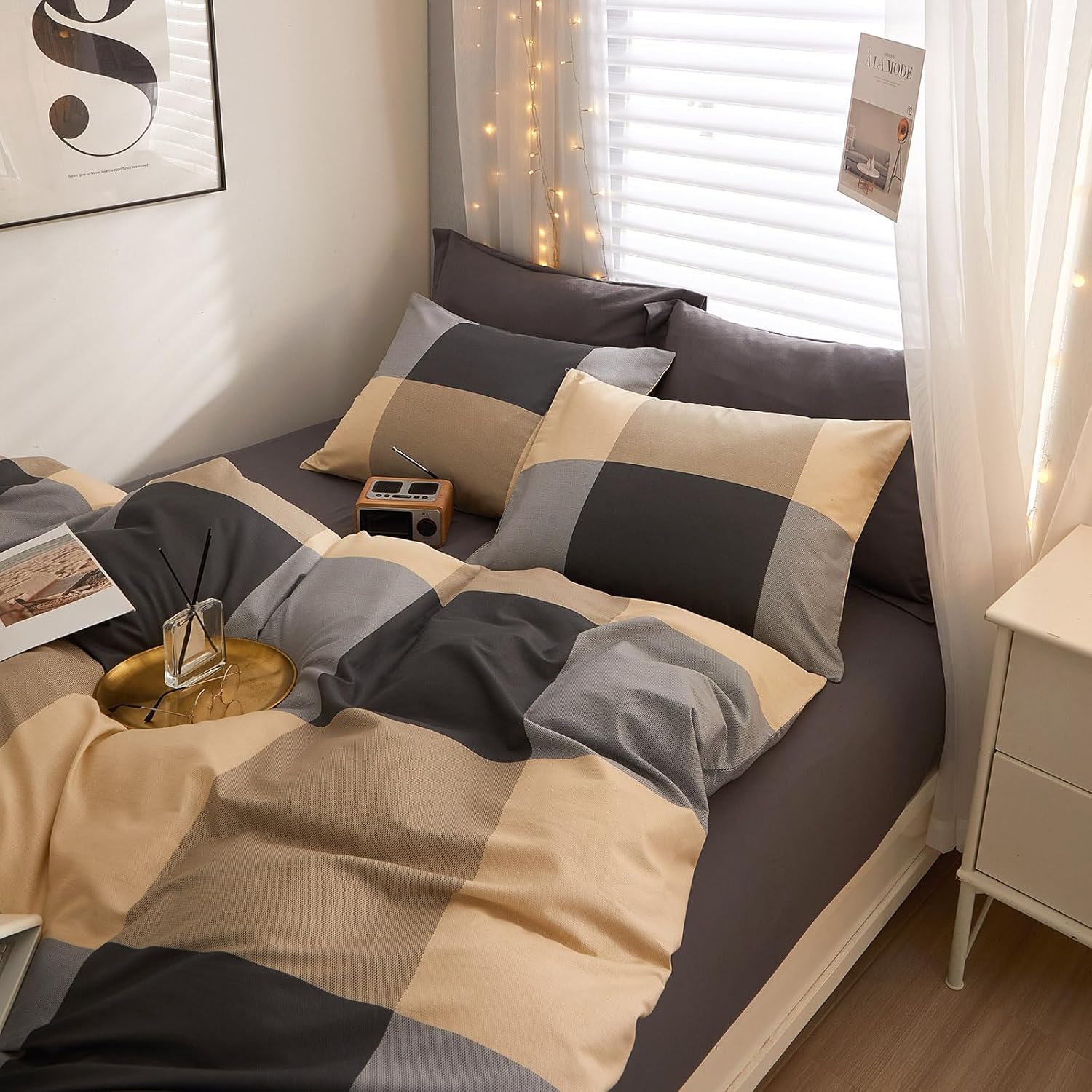 EAVD Vintage Style Brown&Black Buffalo Plaid Comforter Set Queen Boy Men Fluffy Retro Checkered Plaid Bedding Comforter with 2 Pillowcases Farmhouse Geometric Bedding Set for All-Season
