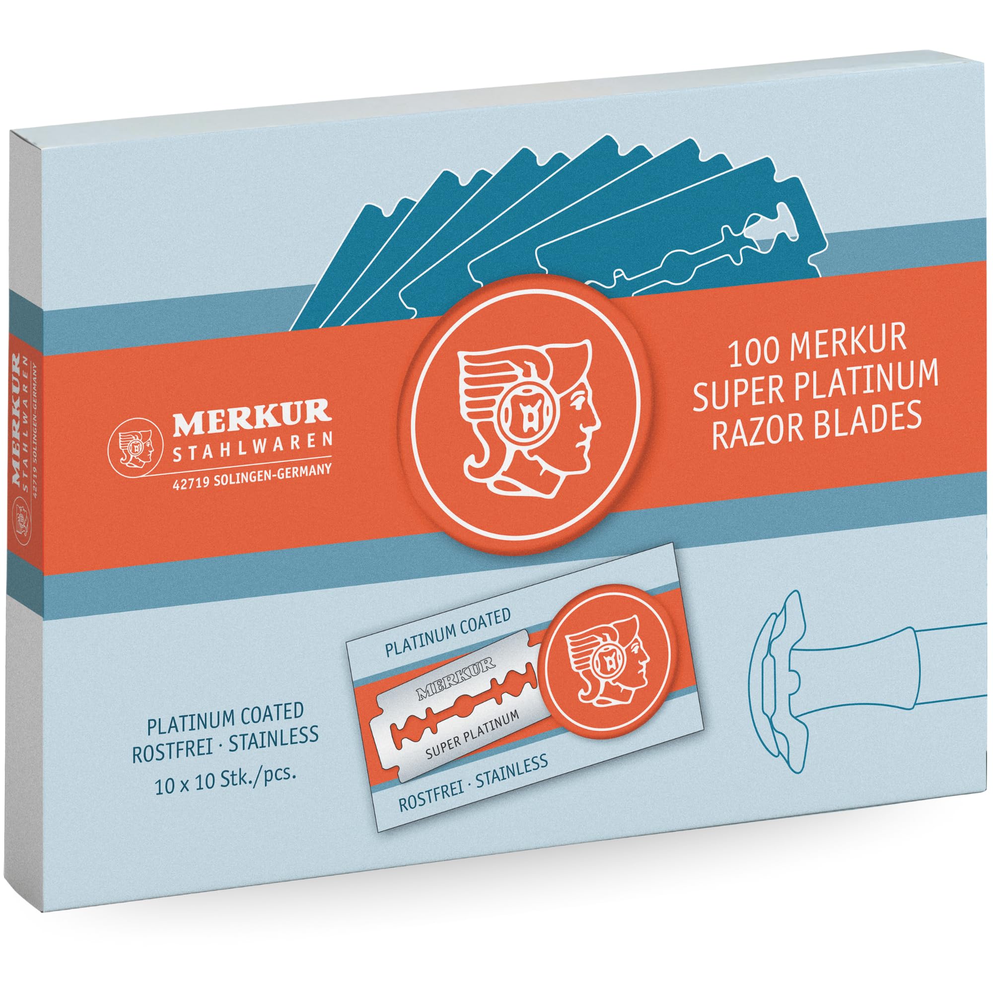 MERKUR Rasierklingen Edelstahl Super Platinum Silber 910 (100 Stück) | Klassische doppelseitige Rasierklinge mit Platin beschichtet | Ideal für Nassrasur mit dem Rasierhobel | Rostfreier Edelstahl
