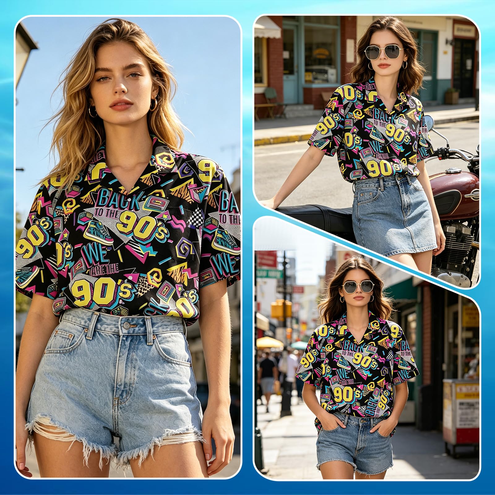 Abbigliamento hawaiano, da donna, a maniche corte, estivo e occhiali da sole, anni '90, per casual, vacanze, carnevale