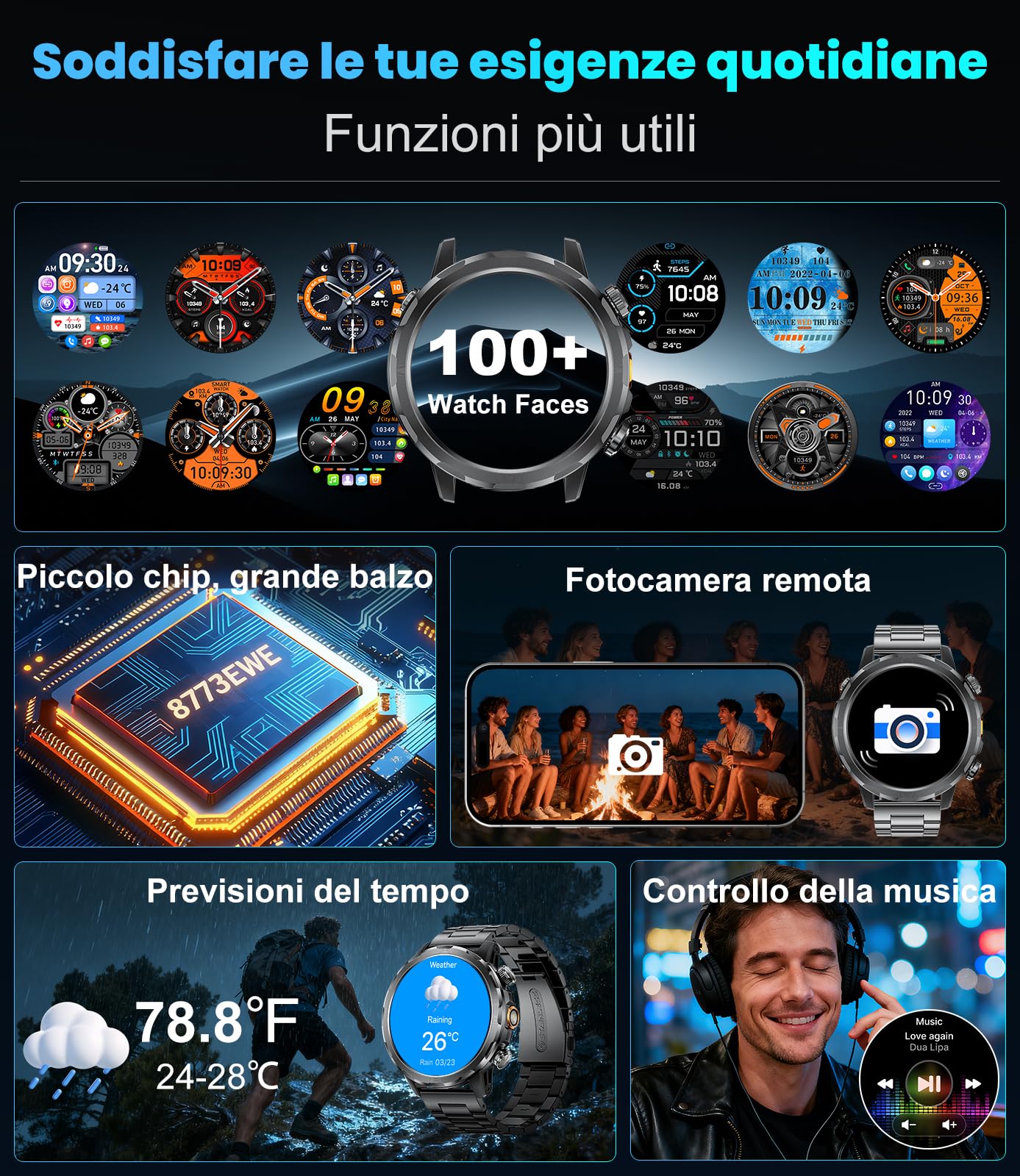 BENYAR Smartwatch Uomo Militare con 1000mAh/Torcia LED/Due Cavi,1,7" Orologio Smartwatch Fitness con Chiamate/IP68 Impermeabile/100+ Sportive/Cardiofrequenzimetro/Sonno/Notifiche Messaggi Android iOS