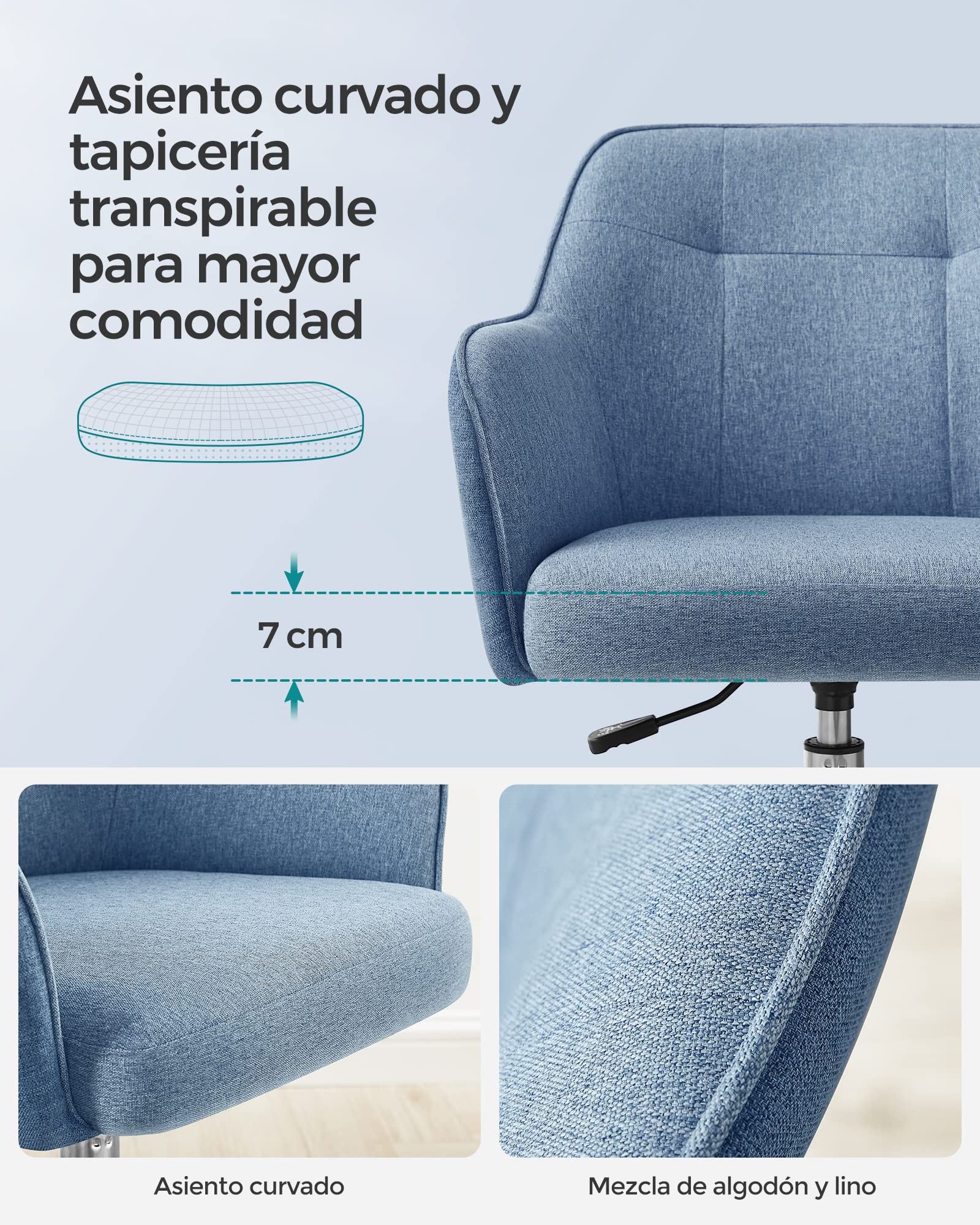 SONGMICS Silla de Estudio, Silla Giratoria, Altura Ajustable, Carga de 110 kg, Marco de Acero, Tela de Algodón-Lino Transpirable, para Estudio, Dormitorio, Azul OBG019Q01