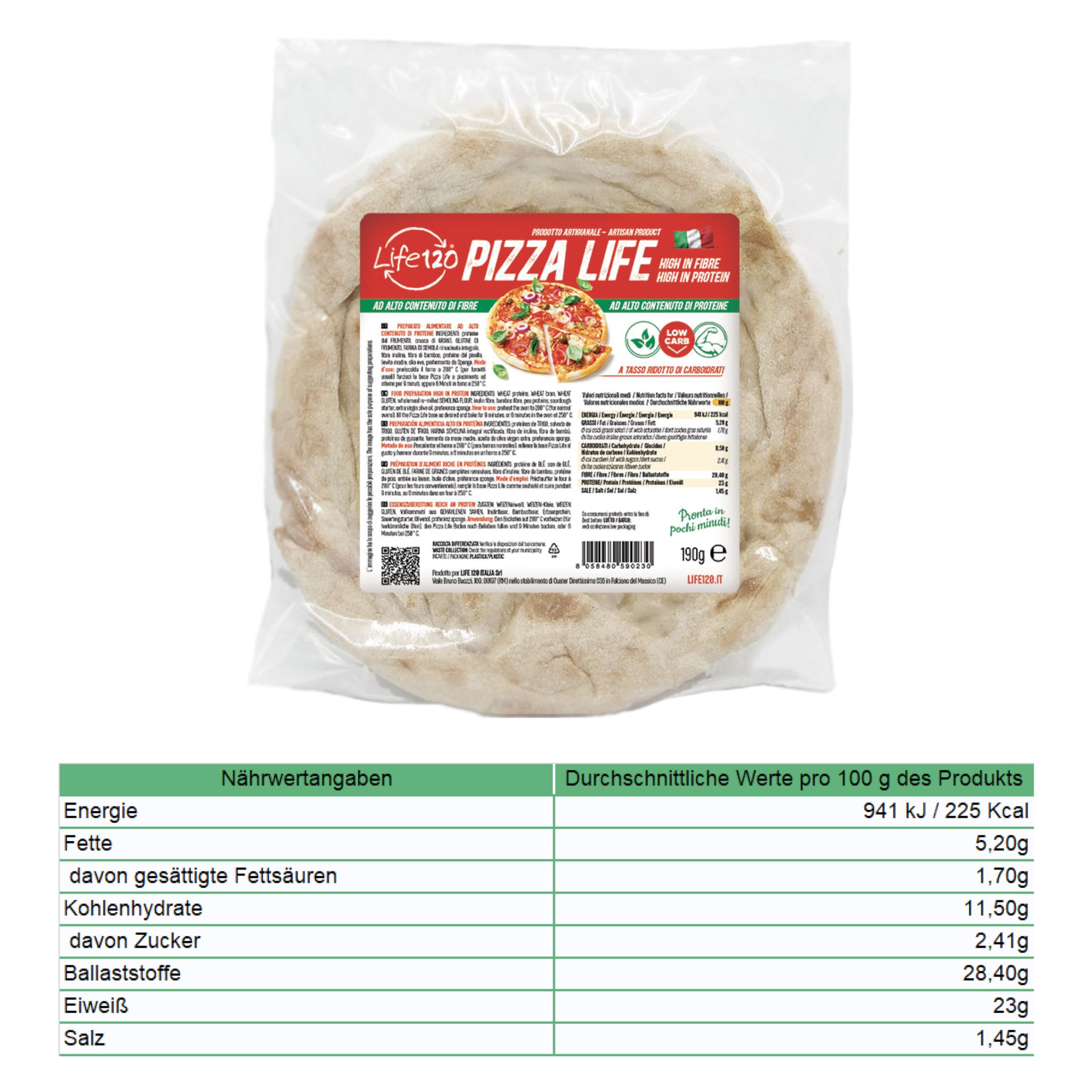 Life 120 Box Pizza Keto Protein Pizza kohlenhydratreduziert Ballaststoffe hoher Proteingehalt 190g 6er Pack