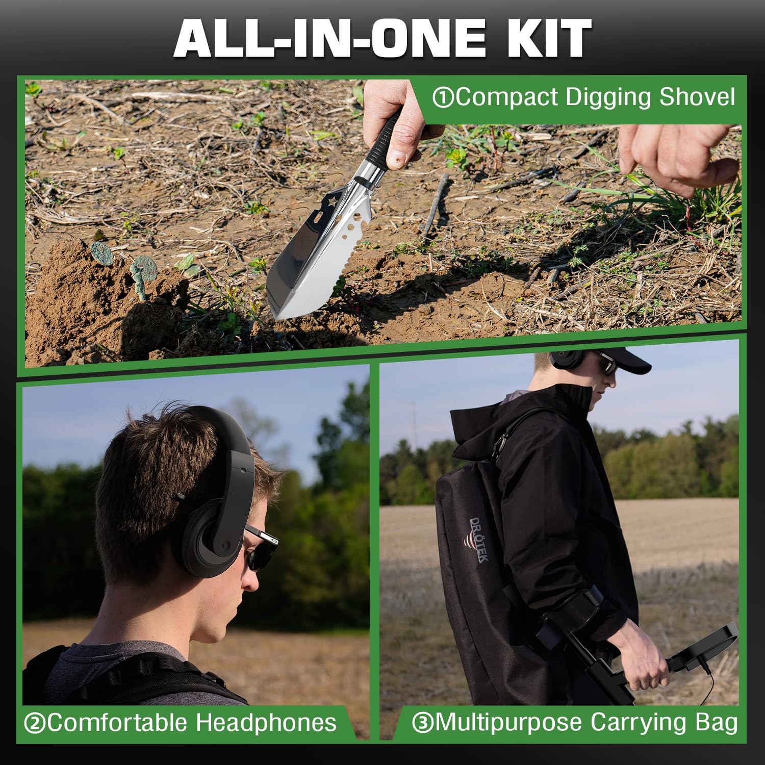 DR.ÖTEK Metal detector per adulti, rivelatore professionale impermeabile oro aggiornato modalità Pinpoint e terreno, kit di metal detector professionale con avvio con un clic, alta precisione, 6