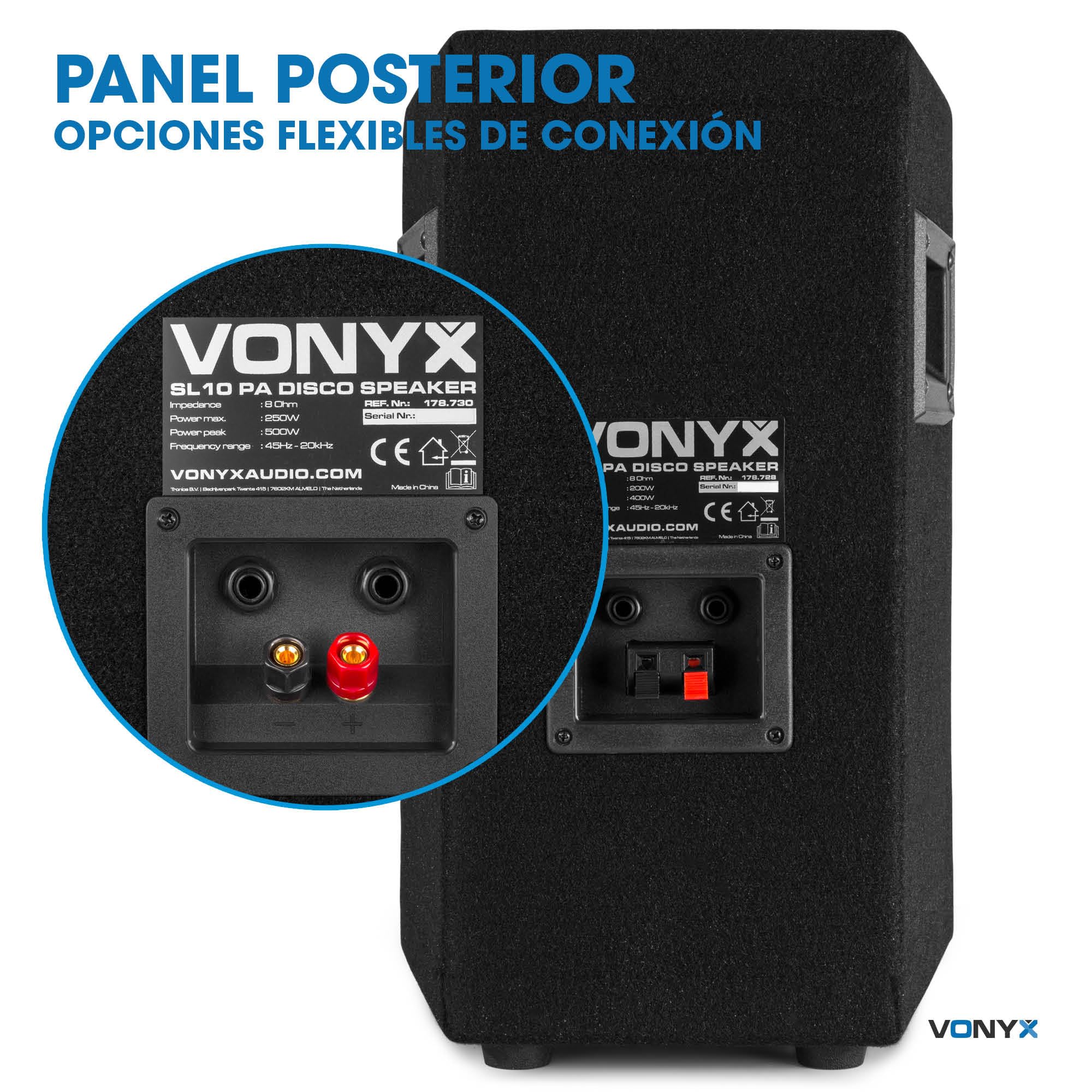 Vonyx SL10 - Conjunto de Altavoces Pasivos 2x500W, Woofer 10", Bass Reflex, Tophat para Trípode, Conexión Jack 6,3mm y Pinza, Transporte Fácil, para DJ, Eventos, Fiestas y Garajes