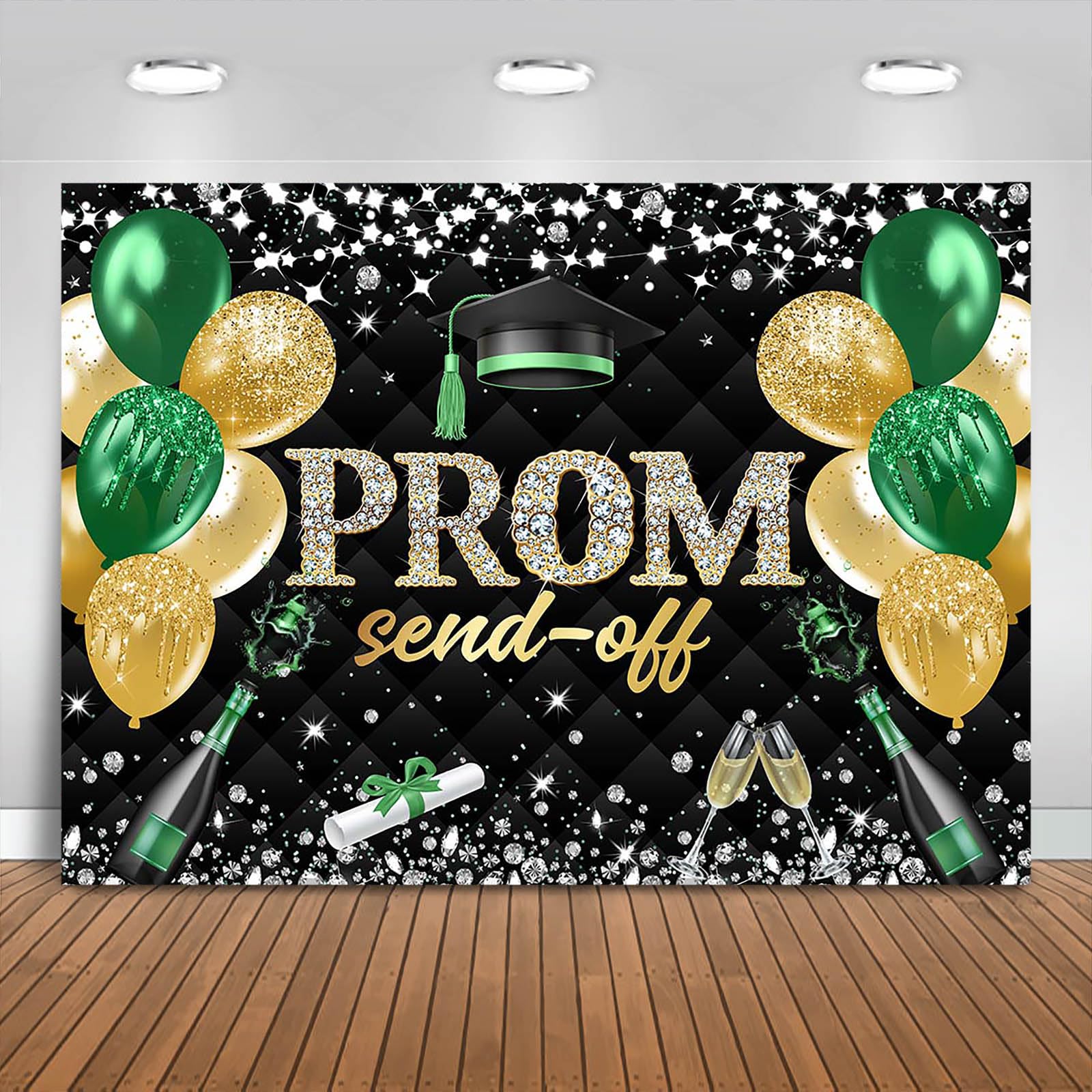 Photo 1 of Fitumiw Prom Send Off 2026 Graduation Backdrop Class of 2026 Prom Background Party Decorations Congrats Grad Banner Photo Booth Props (Green Gold and Black, 7x5ft)