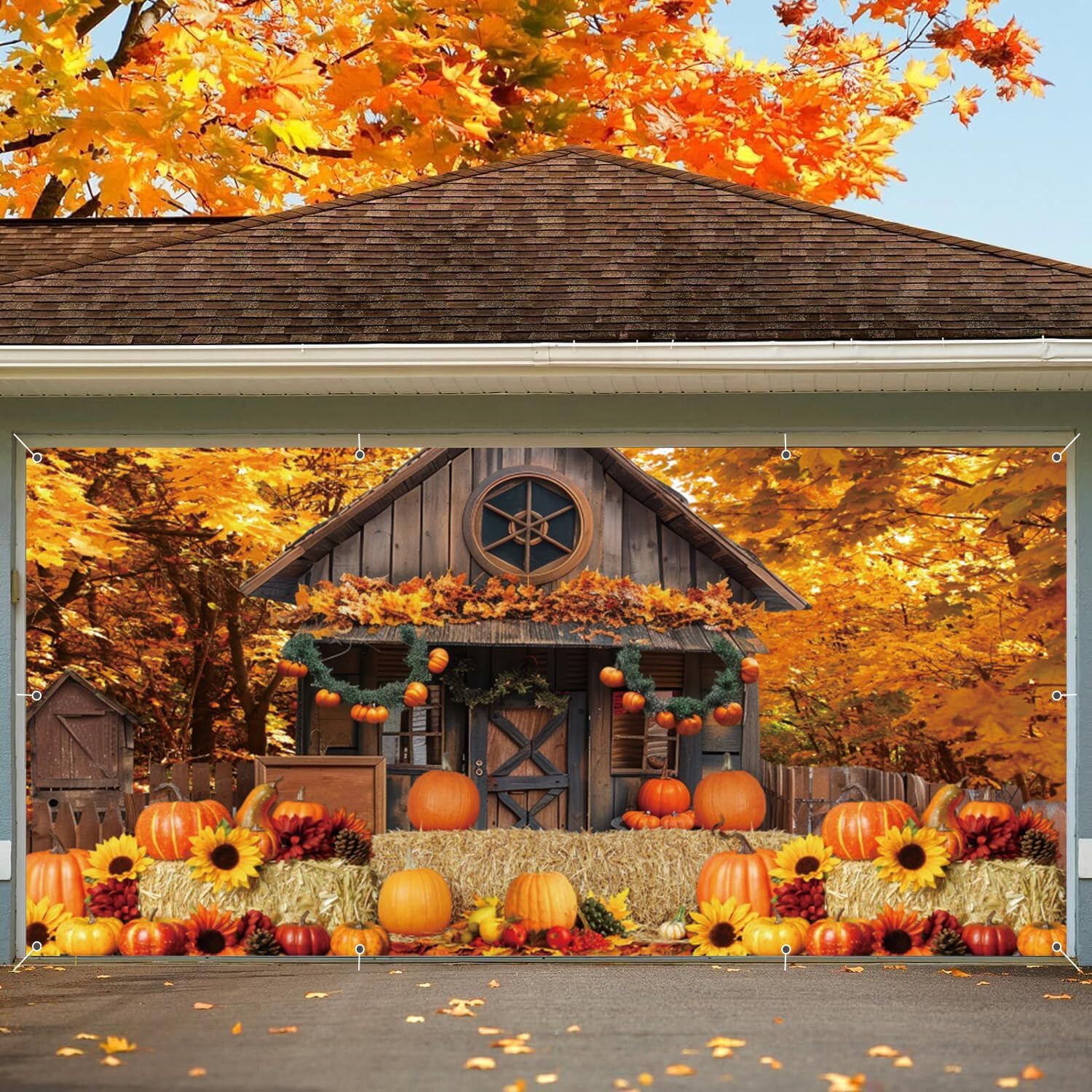 Fall Thanksgiving Garage Door Cover Decorations Banner Backdrop 7x16ft Large 2 Car Garage Door Cover, Autumn Barn Maple Forest Pumpkin Harvest Wall Decor for Outdoor Holiday Decorations