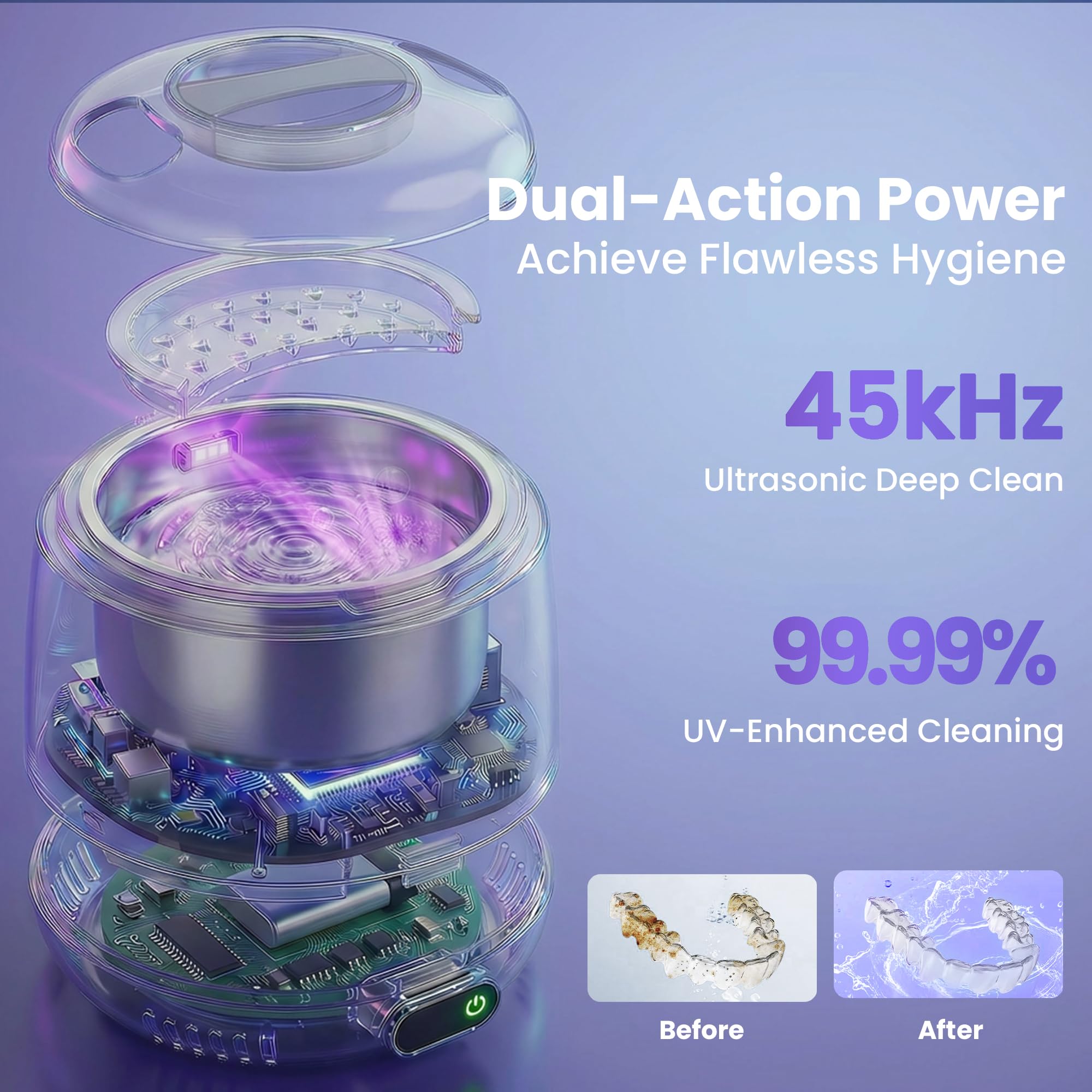Ultradźwiękowa maszyna do czyszczenia ustalającego z UV - 45 kHz trwały środek czyszczący 4 tryby czyszczenia, odłączana konstrukcja do Invisalign, Aligners, nocnych ochraniaczy, ochraniaczy ust i