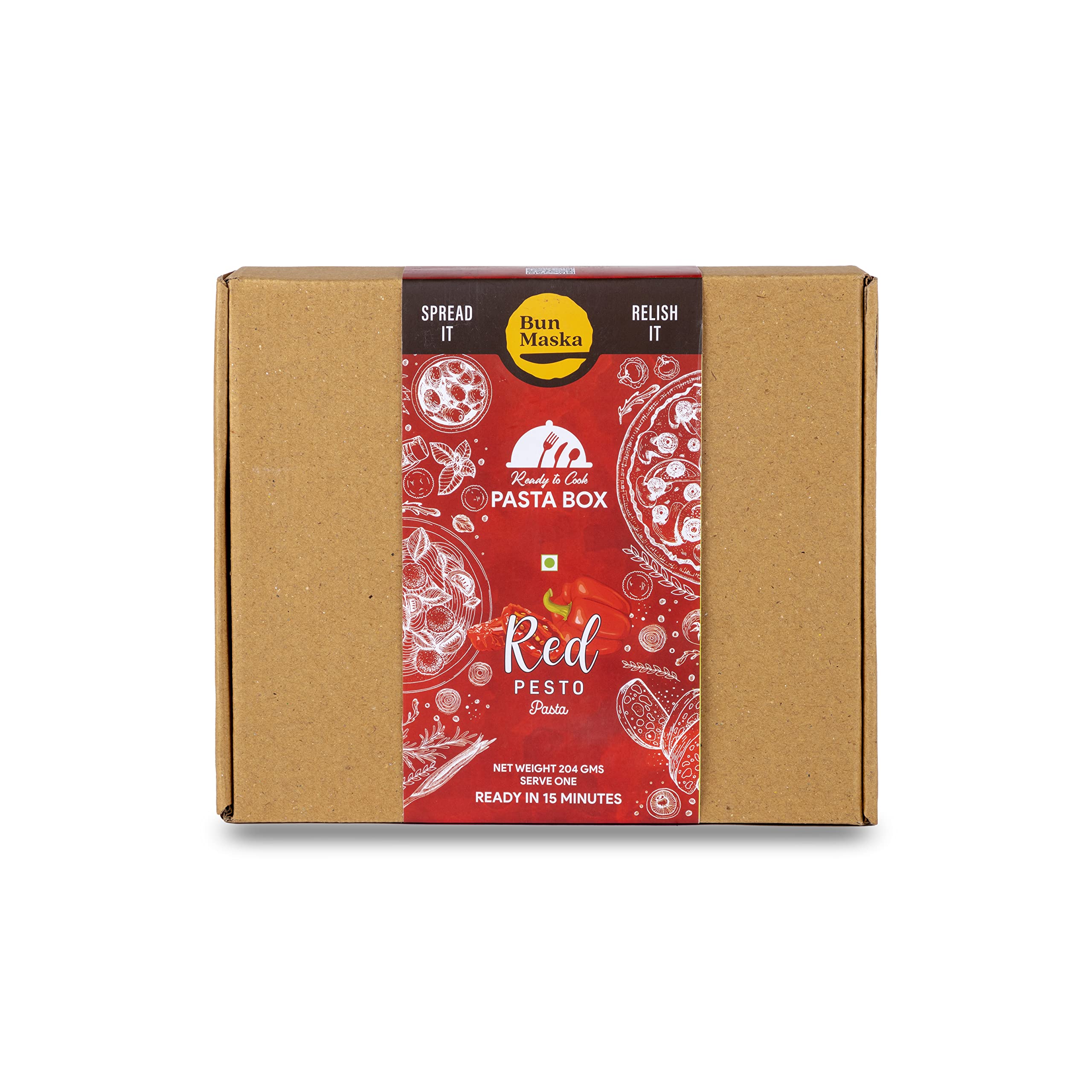 Bun Maska Red Pesto Kit With Durum Wheat Penne Pasta & Red Pesto Sauce | Ready To Cook in Just 15-Min |Serve for One| Instant Healthy Snacks (204 gm)