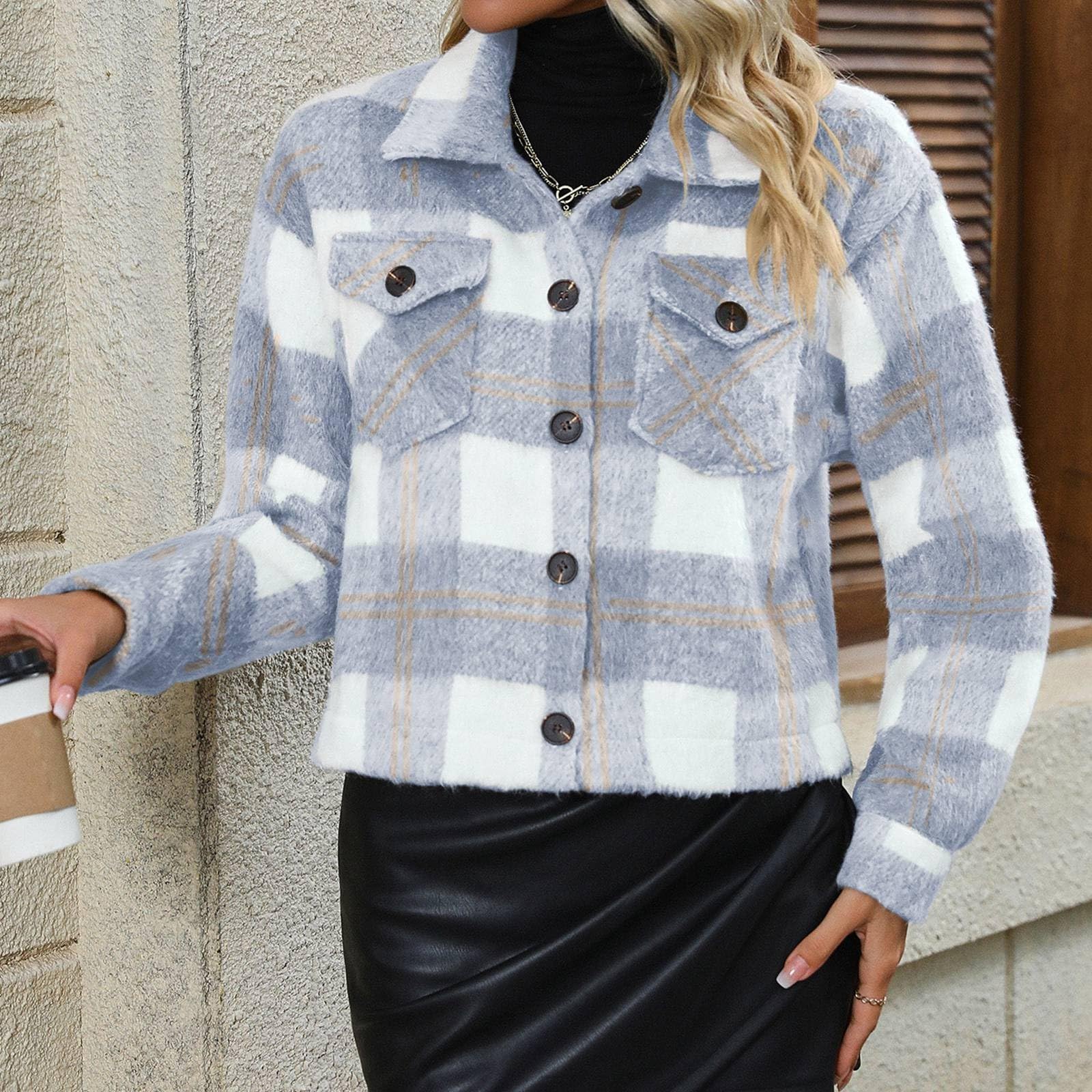 Genérico Forro Polar Mujer Talla Grande,Chaqueta De Moda Informal para Mujer Chaqueta Corta De Lana A Cuadros con Botones Chaqueta De Lana Nueva
