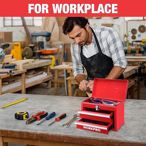 Miniatura 6 de WORKPRO Mini caja de herramientas portátil, caja de herramientas de metal con 2 cajones con deslizadores de rodamientos de bolas, almacenamiento